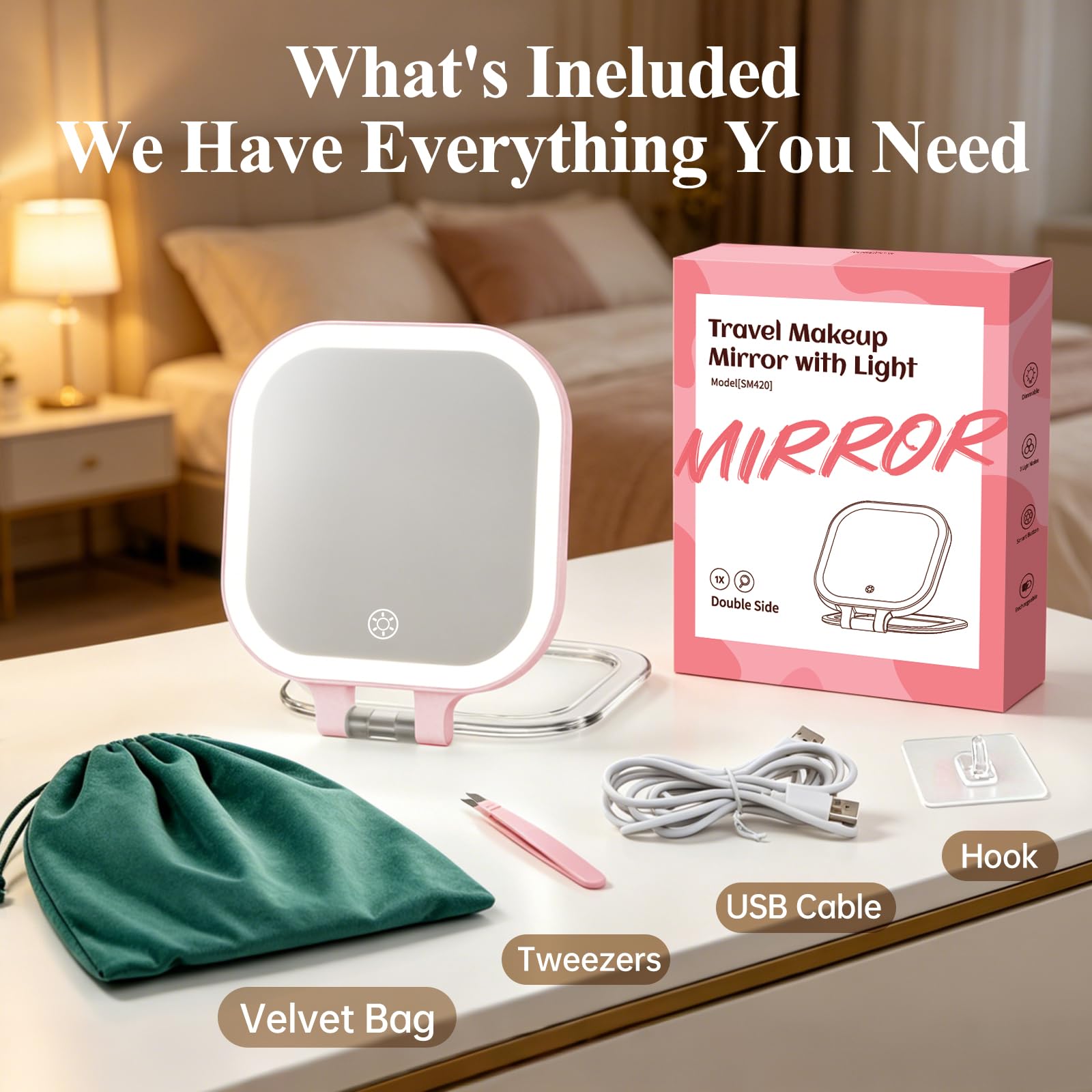 FUNTOUCH Miroir de maquillage éclairé avec grossissement x30, 17,8 cm, rechargeable double face, miroir de courtoisie de voyage avec lumières, 3 lumières de couleur et luminosité réglable, rotation à