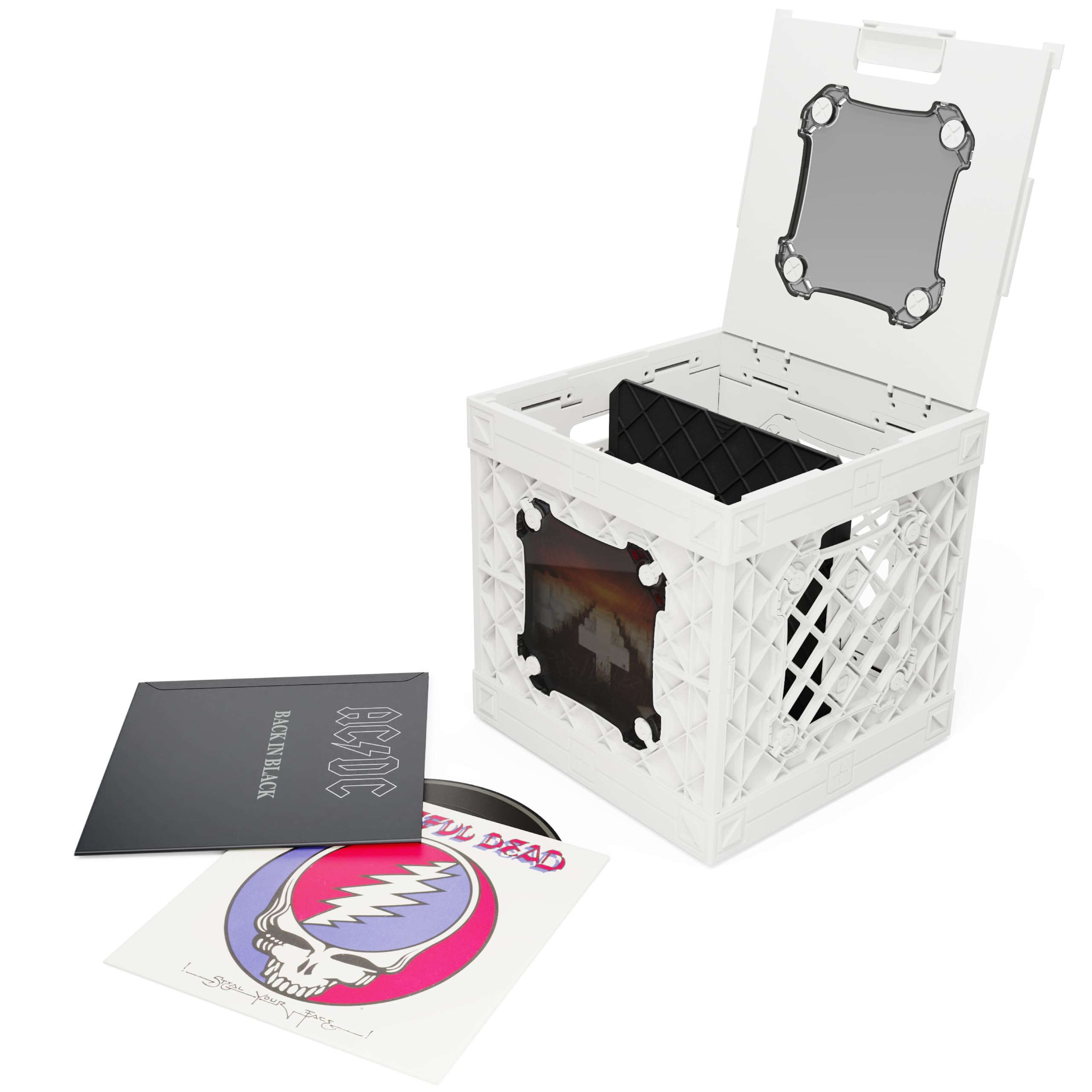 UbeCube CrateVinyl - Vinyl Record Storage Crate Modular Storage Cube for LP Albums with Divider and 2 Clear Panels (White crate - Smoke panels)