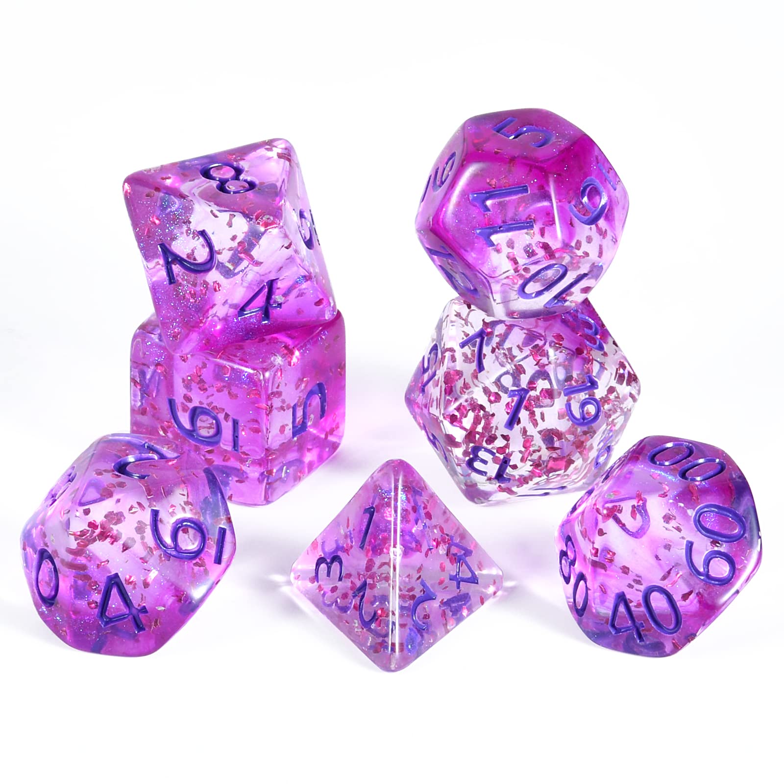 FLASHOWL Crystal Ribbon Dice Set (7 Pieces Purple Acrylic Hexahedron D4-D20) for D&D, MTG, Tabletop Games