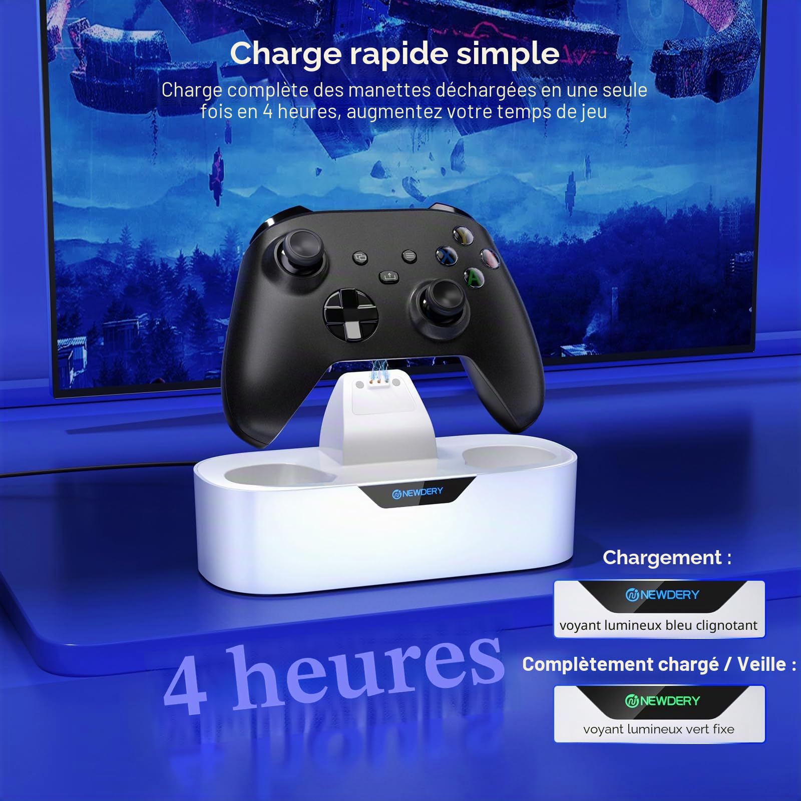 NEWDERY Station de Charge Unique pour Manette Xbox, Batterie Rechargeable de 5280 mWh, Charge Rapide en 4 Heures, Fonction de Rangement à Domicile, Compatible avec Les manettes Xbox One/Series X|S