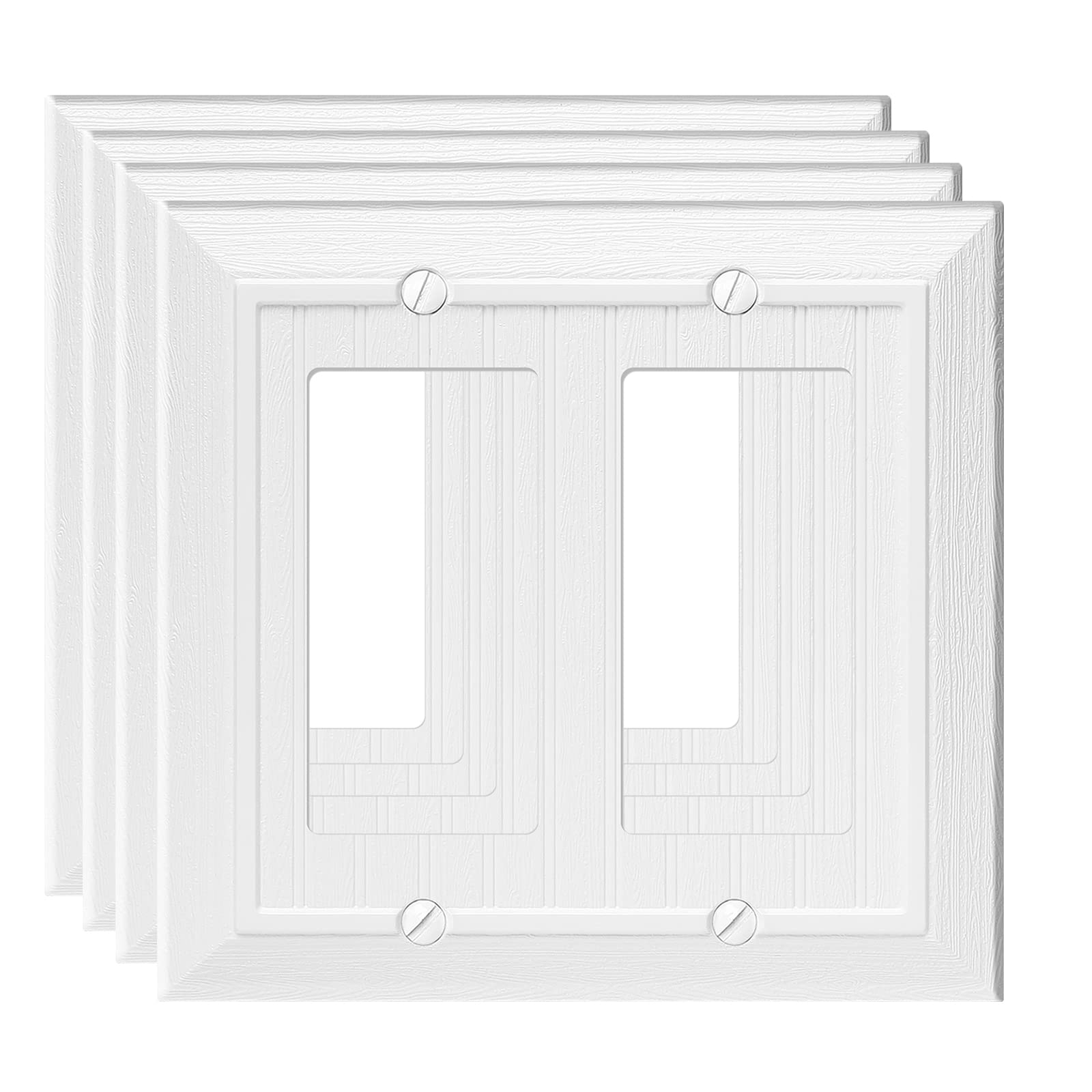 Modern Decorative Wall Plate Switch Plate Outlet Cover, Vintage Retro Wood Grain Design (Double Decorator-4 Pack, White)