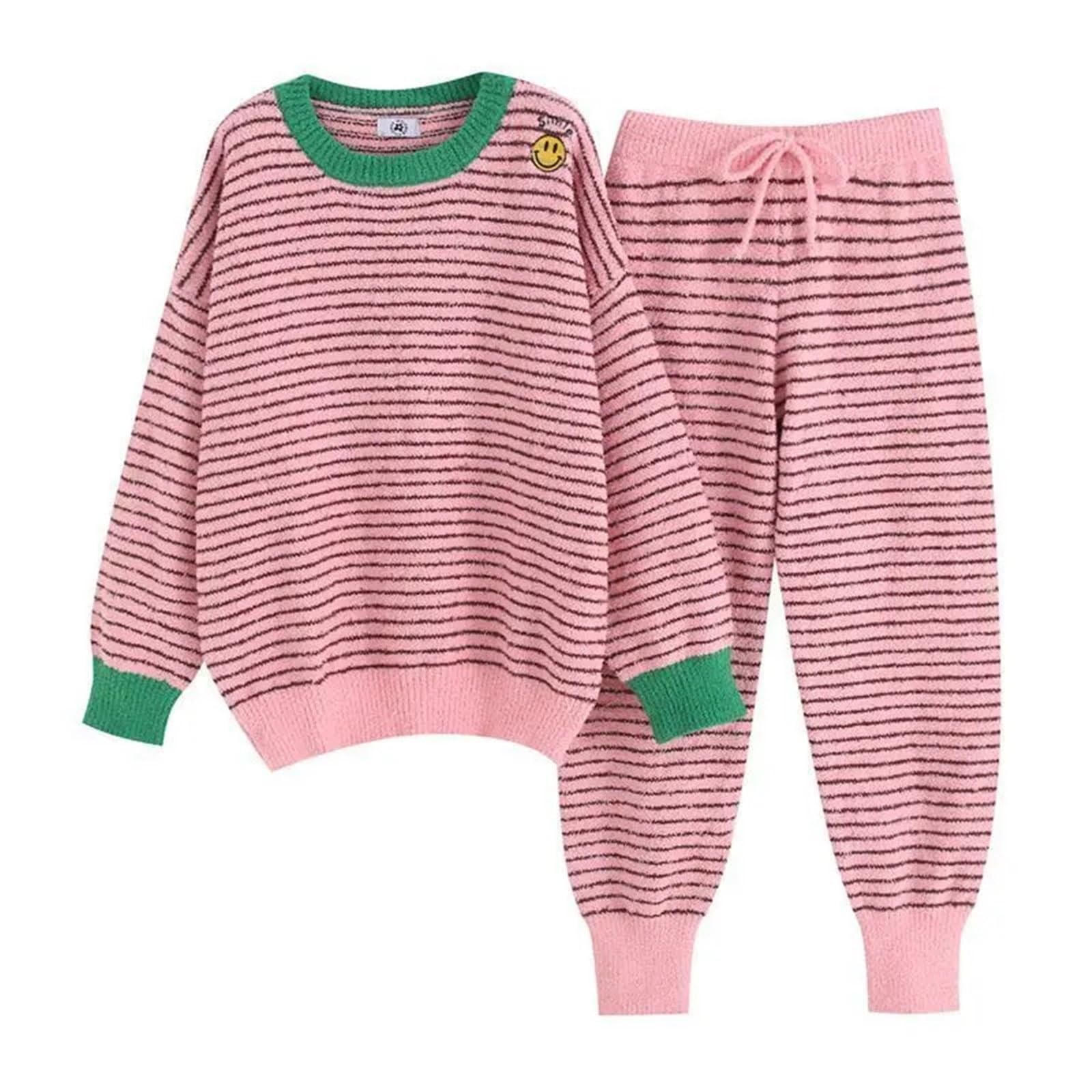 Autumn & Winter Women’s Plush Pajama Set – Cute Printed Round Neck Long Sleeve 2-Piece Outfit, Ankle-Length Pants(L (50-60kg))