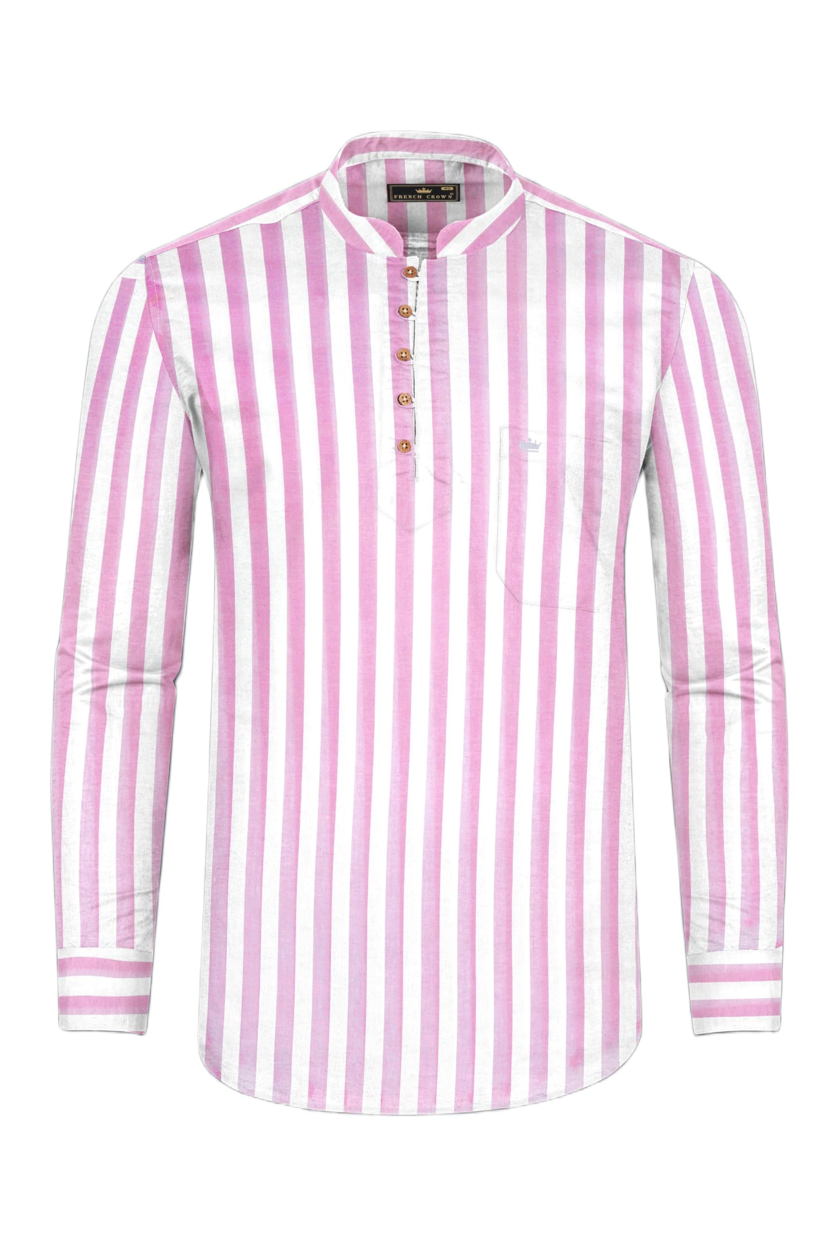 Bright White and Cherub Pink Striped Premium Cotton Kurta Shirt-image-16