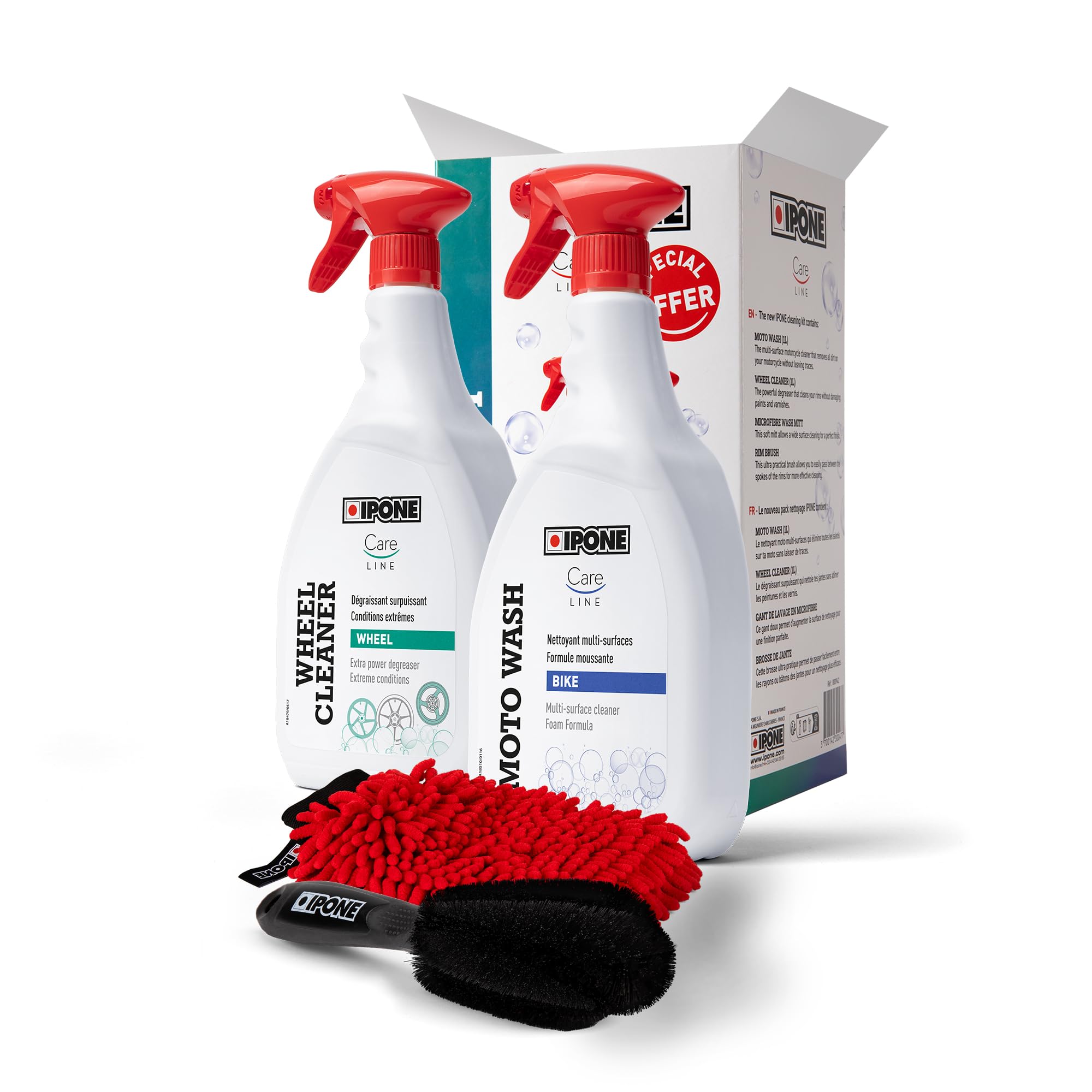 IPONE - Pack Entretien Nettoyage Complet Moto - Cleaning kit - Nettoyant Multi Surfaces Moto Wash 1L + Dégraissant Surpuissant Jantes Wheel Cleaner 1L + Gant Lavage Microfibre + Brosse Jante