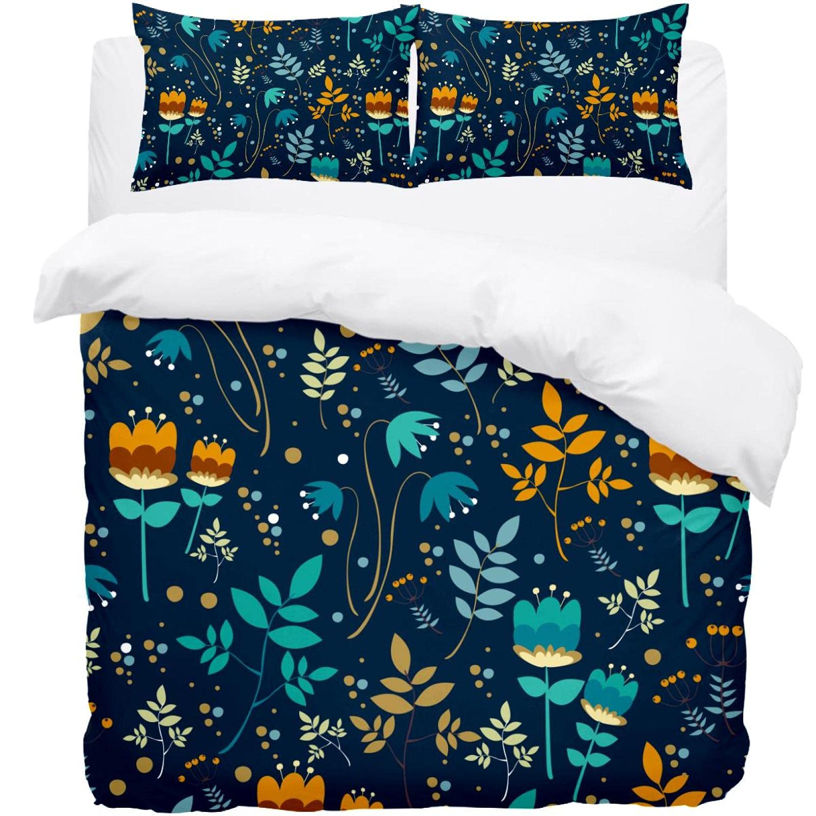 Parure de lit simple 3 pièces bleu foncé à motif floral avec housse et taies