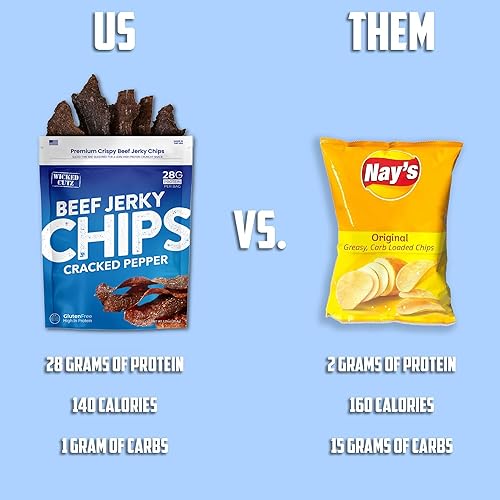 Miniatura 5 de Wicked Cutz Chips de carne seca de pimienta agrietada, 0.99 oz de proteína por bolsa, crujientes y crujientes patatas fritas con sabor a pimienta,