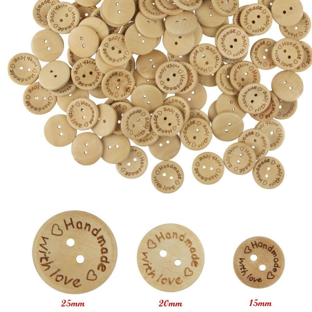 Akak Store 100 Piece Per Pack 25mm 2 Holes With Love Hearts Wood Buttons Sewing Scrapbooking Round Handmade Buttons DIY Decor Craft