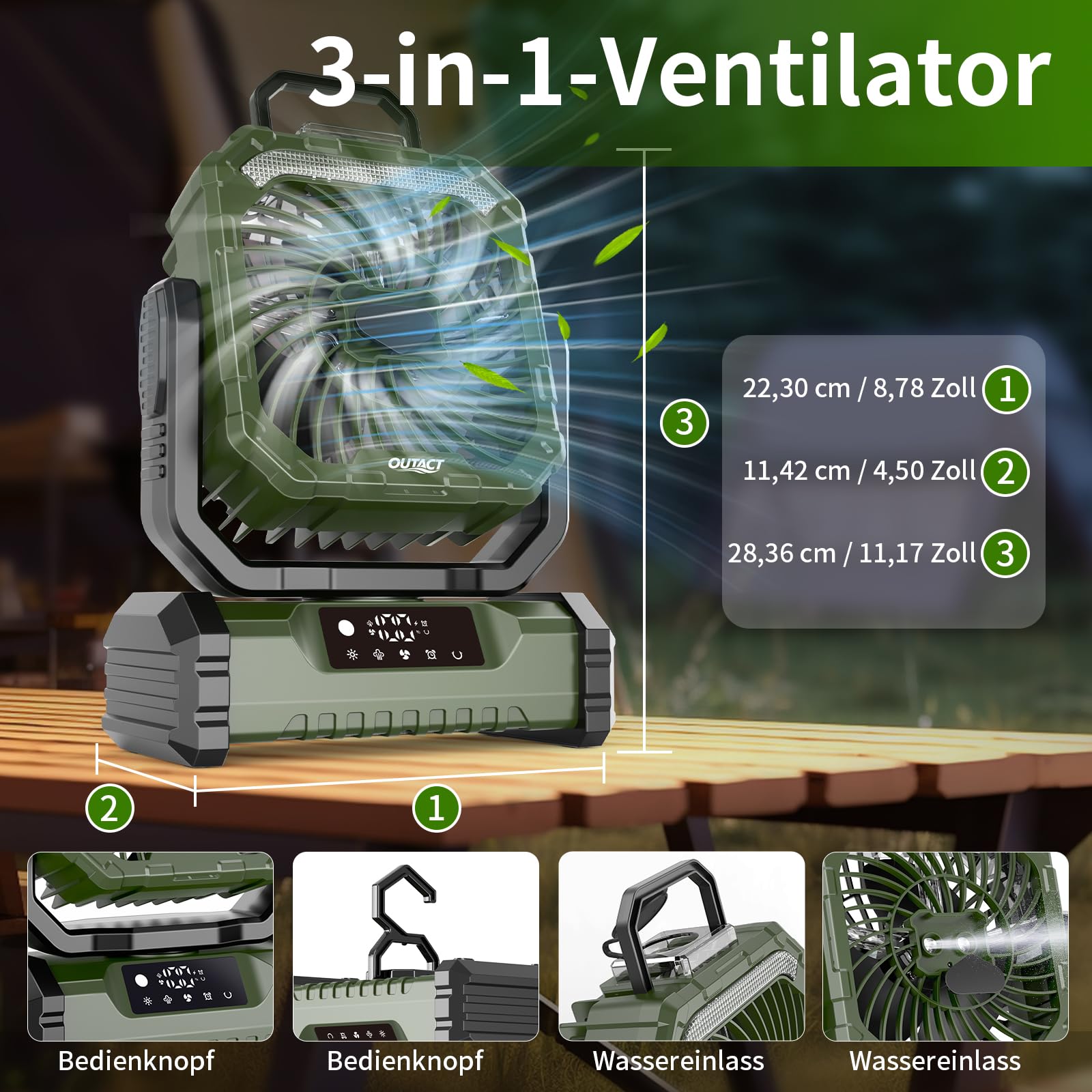 Ventilator Camping mit Sprühnebel, Akku Ventilator 20000mAh mit LED Licht, Haken, 270° Drehung, Tragbarer V-entilator für Outdoor-Enthusiasten beim Camping und Grillen - Grün