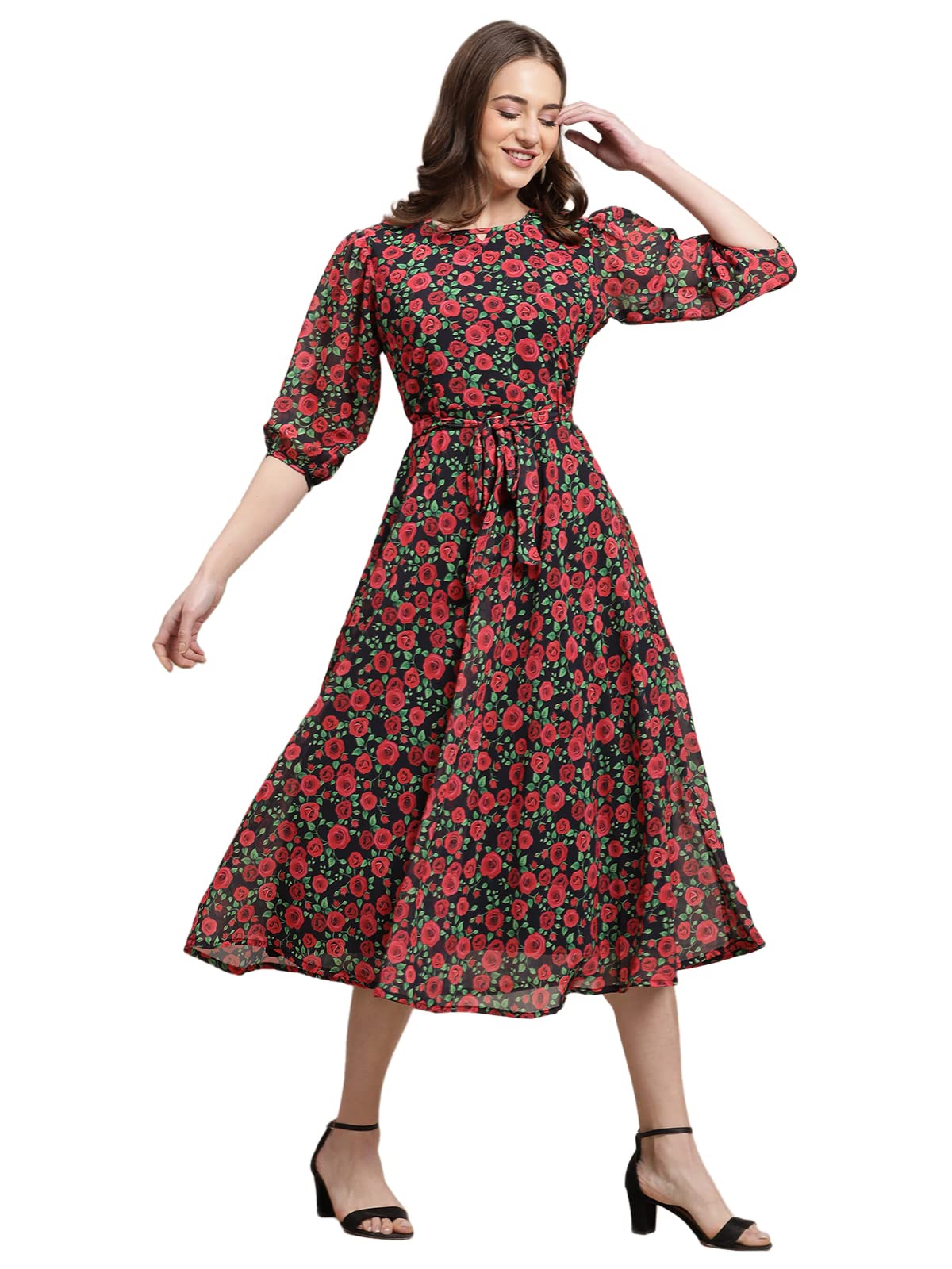 Preneum Women's Maxi Fit & Flare Latest Style Print Georgette Regular Sleeves Casual Summer Maxi Dress || Festival & Occasion, Red, M