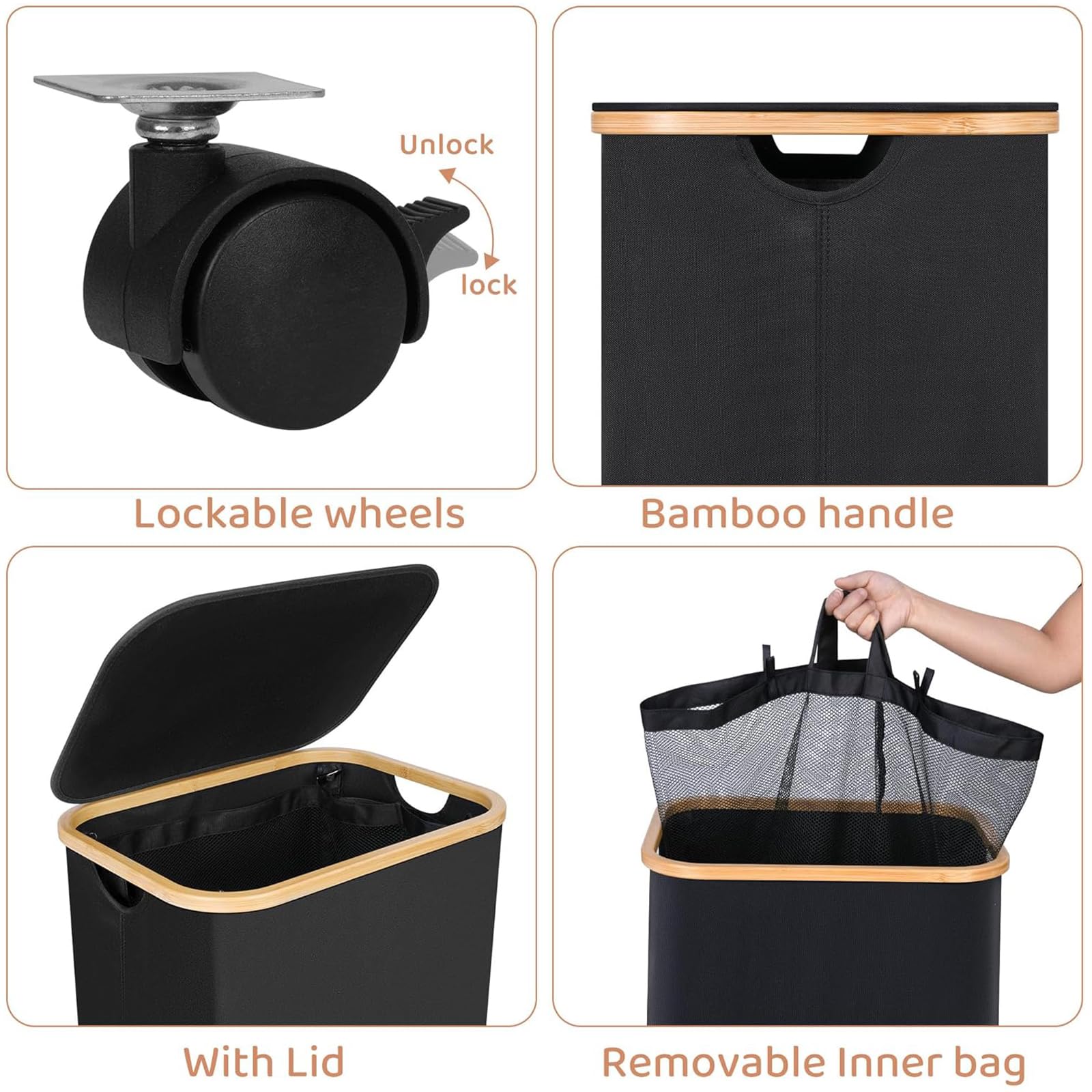 Celeko Home,Cesto portabiancheria da 100 l con coperchio, pieghevole con coperchio in bambù – XXL rettangolare