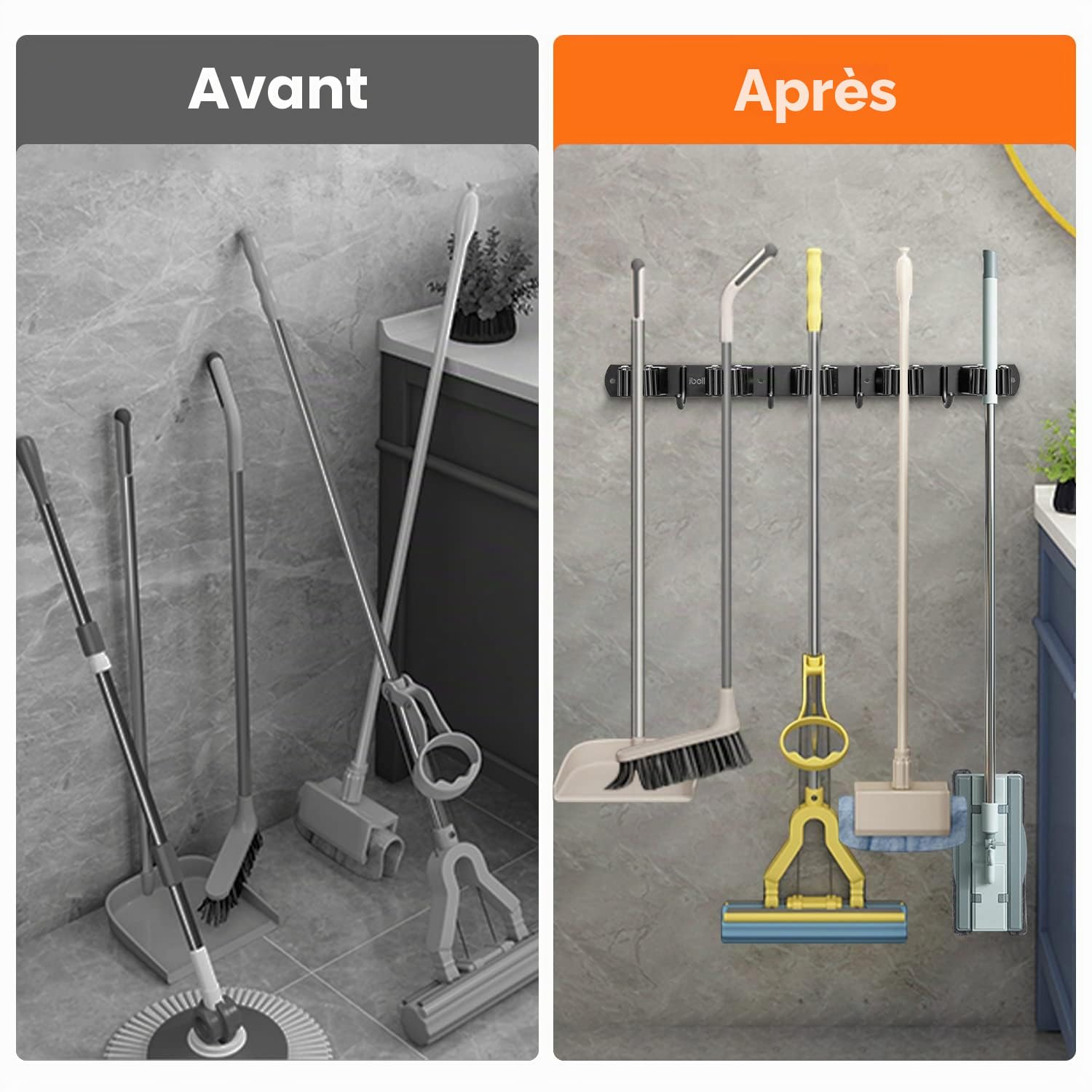 ibell 2 Pièces Accroche Balai Mural, Porte Balai Mural en Acier Inoxydable avec 10 Emplacements et 8 Crochets, Support Cintre de Rangement pour Cuisine Jardin Garage