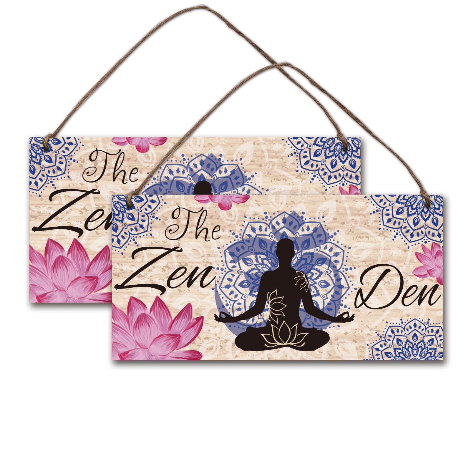 NBEADS2 Sets The Zen Den Lotus Wood Sign Decor with Hanging Jute Twine, Lotus Yoga Sign Yoga Wall Art Wooden Hanging Wall Sign Wood Plaque Sign for Zen Room Meditation Home Decor 11-4/5"×5-9/10"