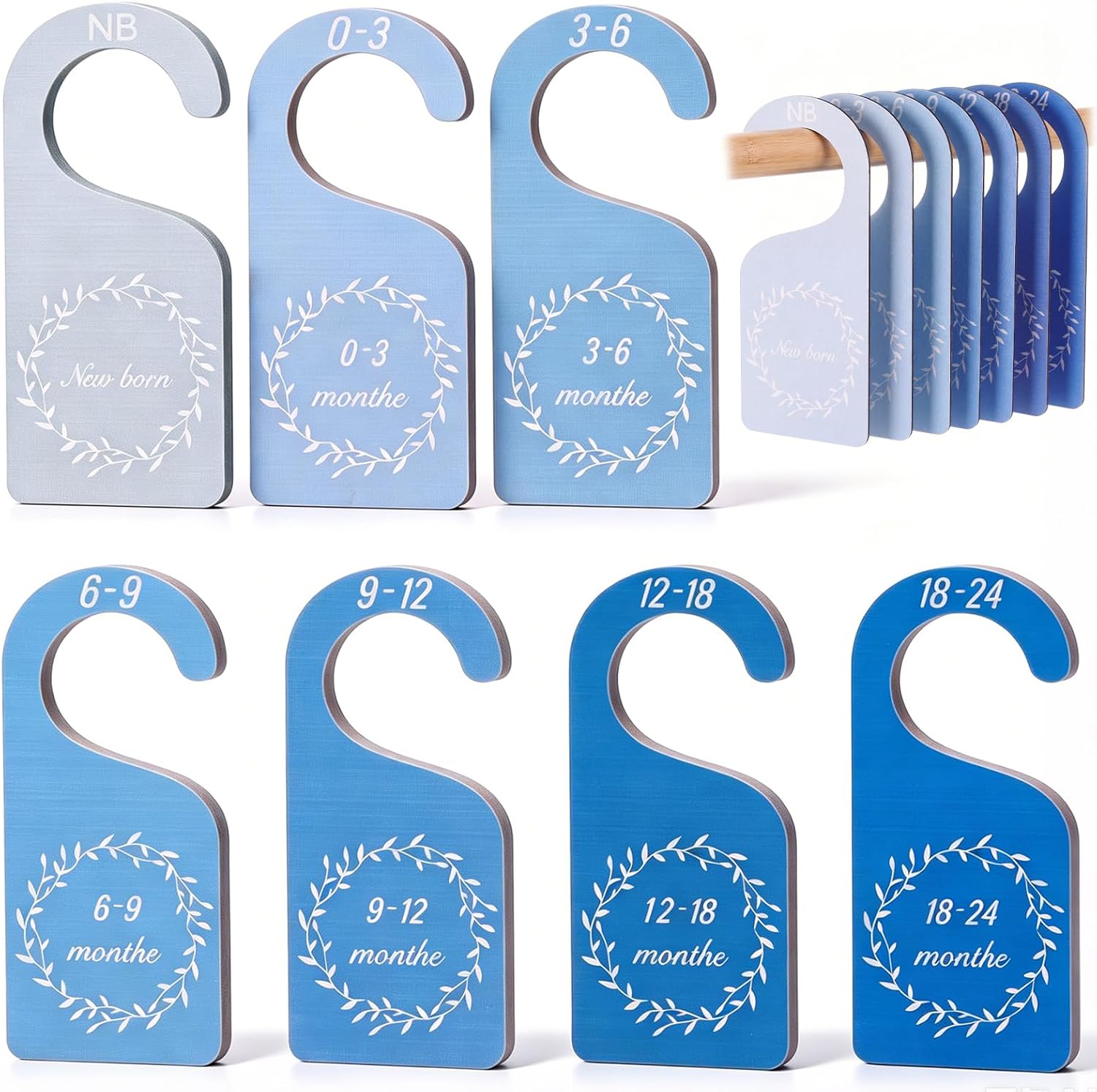 Patelai 7 Pieces Wooden Baby Closet Dividers Double Sided, Blue Gradient | Baby Clothes Dividers for Closet Wooden Hanging Double-sided Size from Newborn Infant to 24 Months for Home Nursery Boy Girl