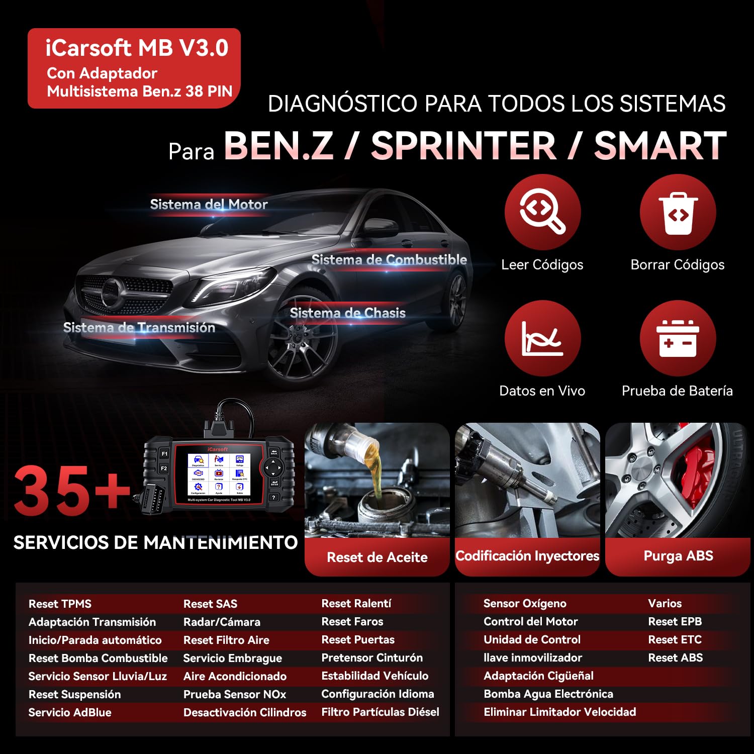 iCarsoft MB V3.0 OBD2 Máquina Diagnosis Coche para Ben.z/Sprinter/Smart, Escáner de Todo el Sistema, 35 Funciones Reinicio, Prueba Bidireccional, Vin Automático, con Adaptador Ben.z 38 Pines