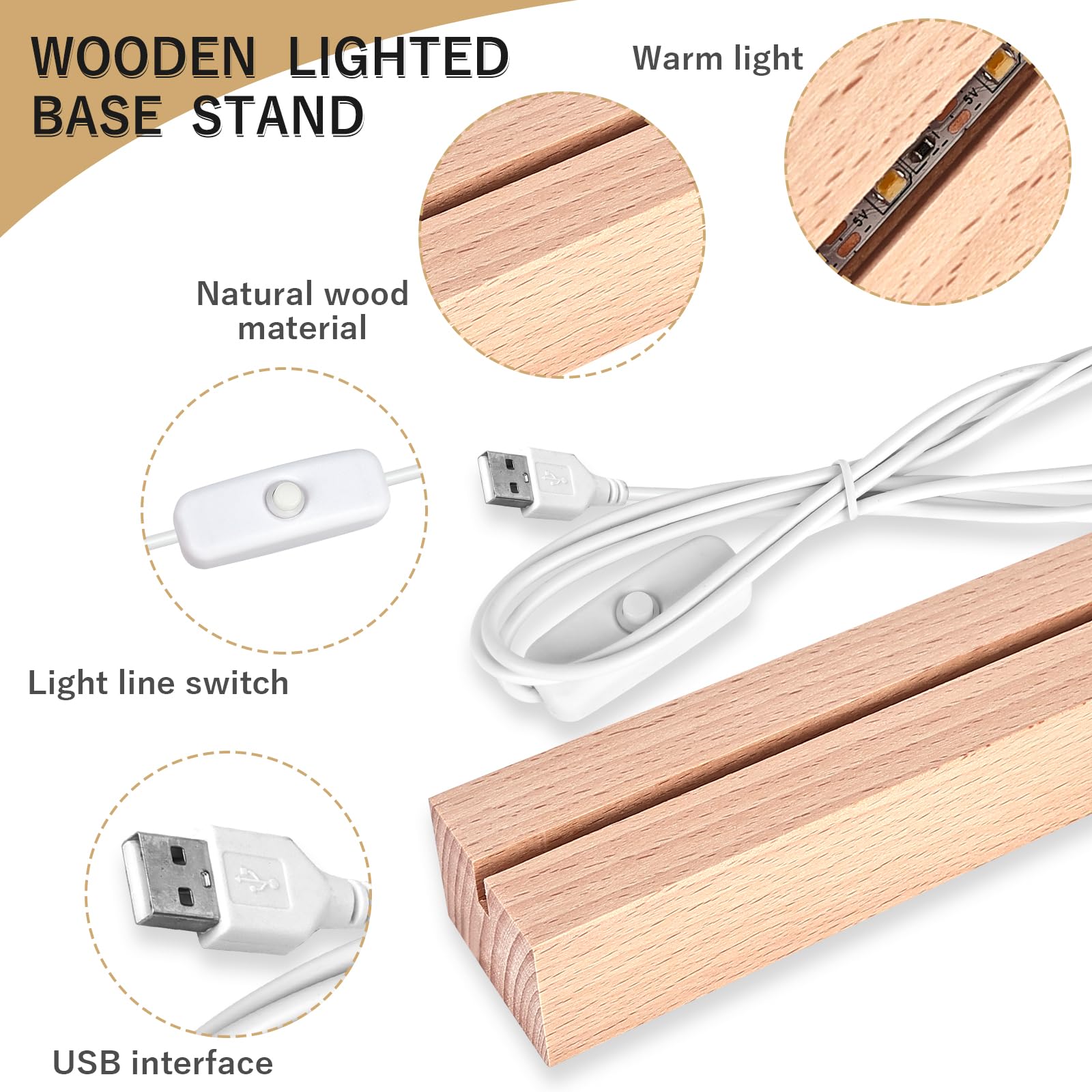 Lot De 2 Socles Lumineux LED Bois – Base Ronde USB Chaleuse Pour Cristal, Résine, Bijoux, Affichage 3D 7-10 Cm