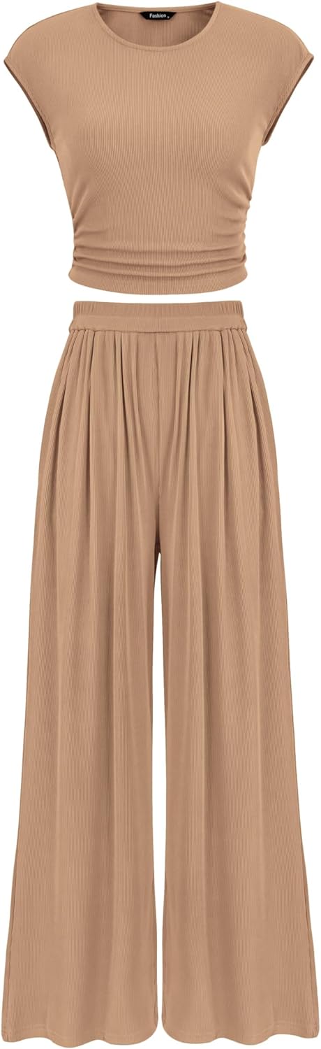PRETTYGARDEN Women's Summer 2 Piece Outfits 2026 Cap Sleeve Ruched Slim T Shirt Ribbed Knit Wide Leg Pant Sets Tracksuit