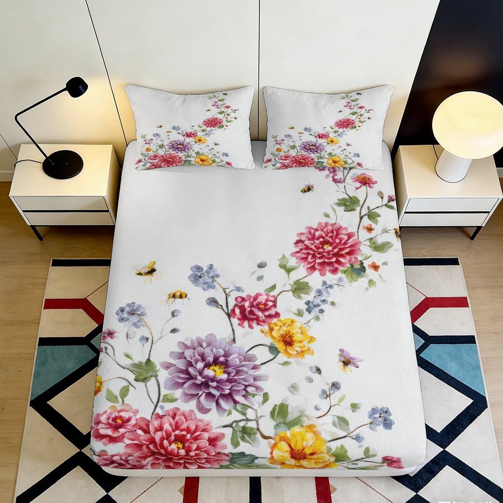 3D Printed Floral Butterfly Fitted Sheet Microfiber Colorful Blossom Mattress Cover Bedroom Dorm Easy Care Decor 90x200x25cm