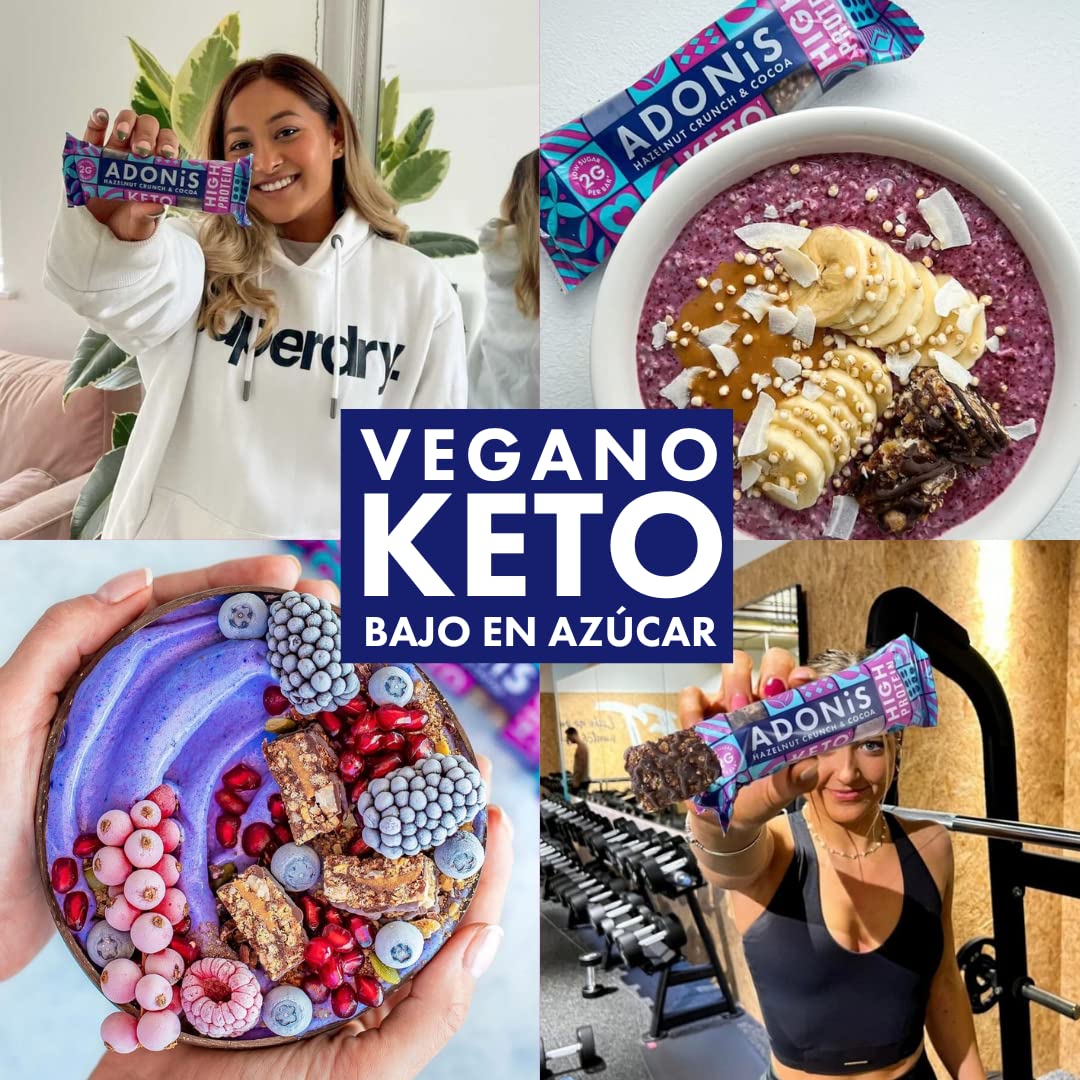 Adonis Barritas Keto Ricas en Proteínas Crujiente de Avellanas y Cacao (16 barritas x 45 g) | Apto para Veganos y Dieta Keto | 100% Natural | Sin Azúcar, Sin Aceite de Palma, Sin Lácteos