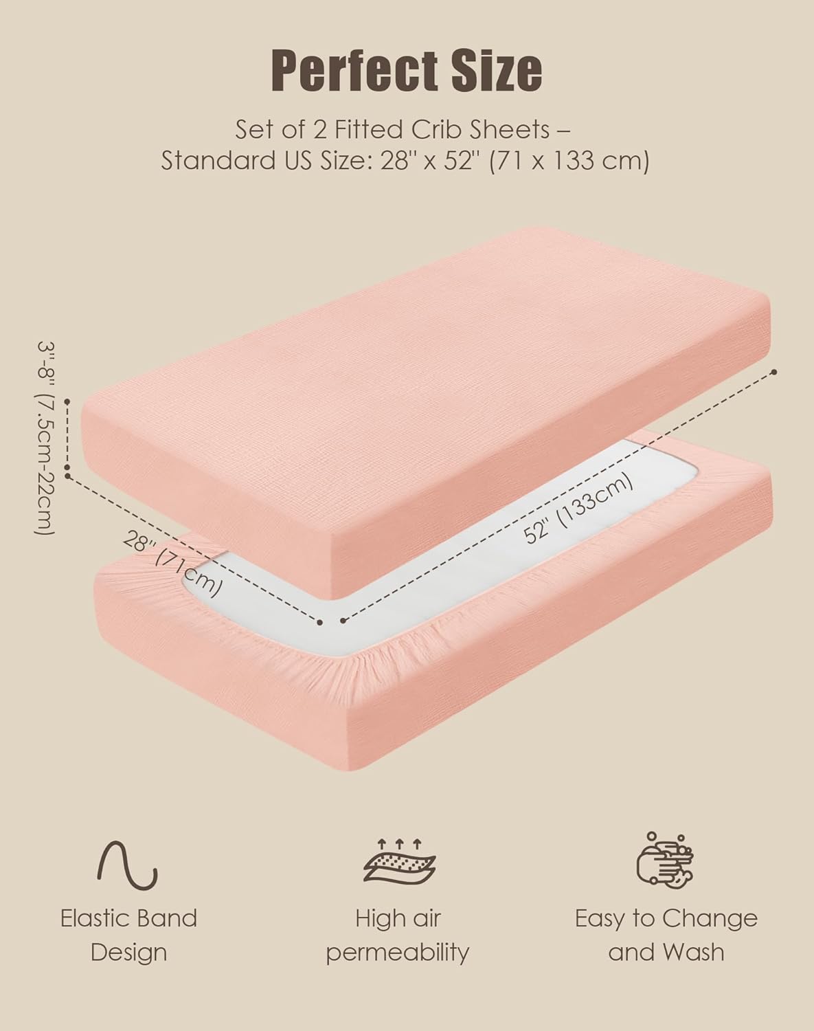 SWEET DOLPHIN 2-Pack Muslin Crib Sheets for Boys & Girls, Ultra Soft Breathable 40S Long-Staple Cotton Fitted Baby Sheets for Standard Crib Mattress 52"x28", Light Sakura- Nursery Essentials