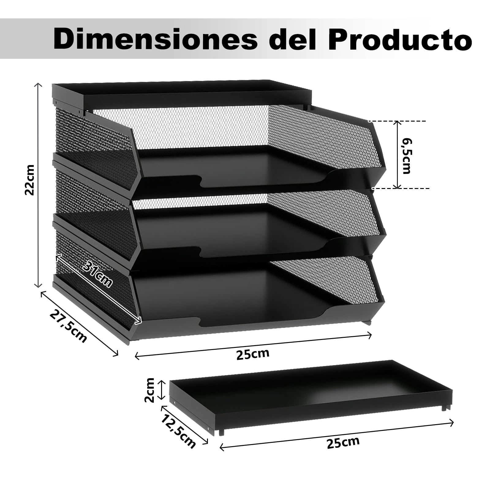PUNCIA Bandejas Apilables 3 Niveles de Oficina Bandeja Metálica para Documentos A4 Organizador Escritorio de Papeles Archivador Clasificador con Bandejita Superior Negro