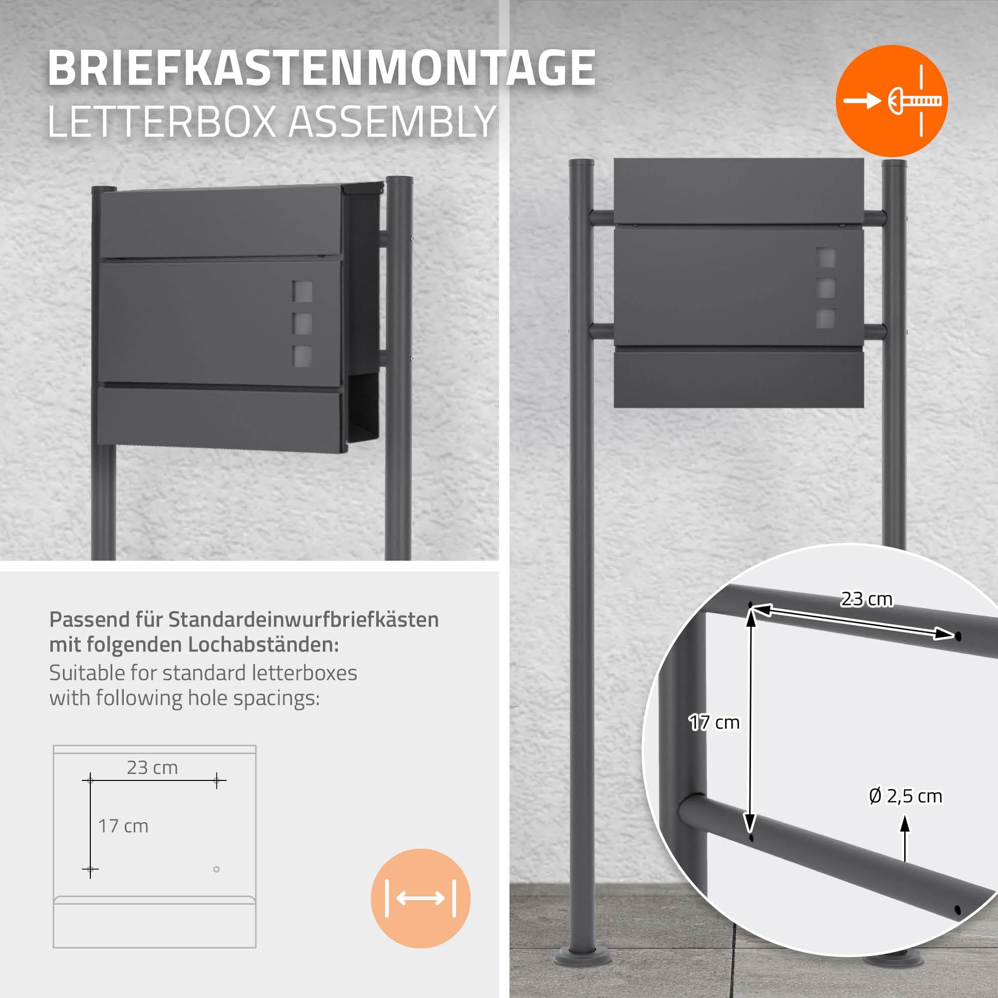 ML-Design Soporte Poste para Buzón de Correos de Acero Inoxidable con Recubrimiento de Polvo, Antracita, Altura 120 cm, Barras Redondas, Anclable en el Suelo con 6 Tornillos Diseño Moderno para Hogar