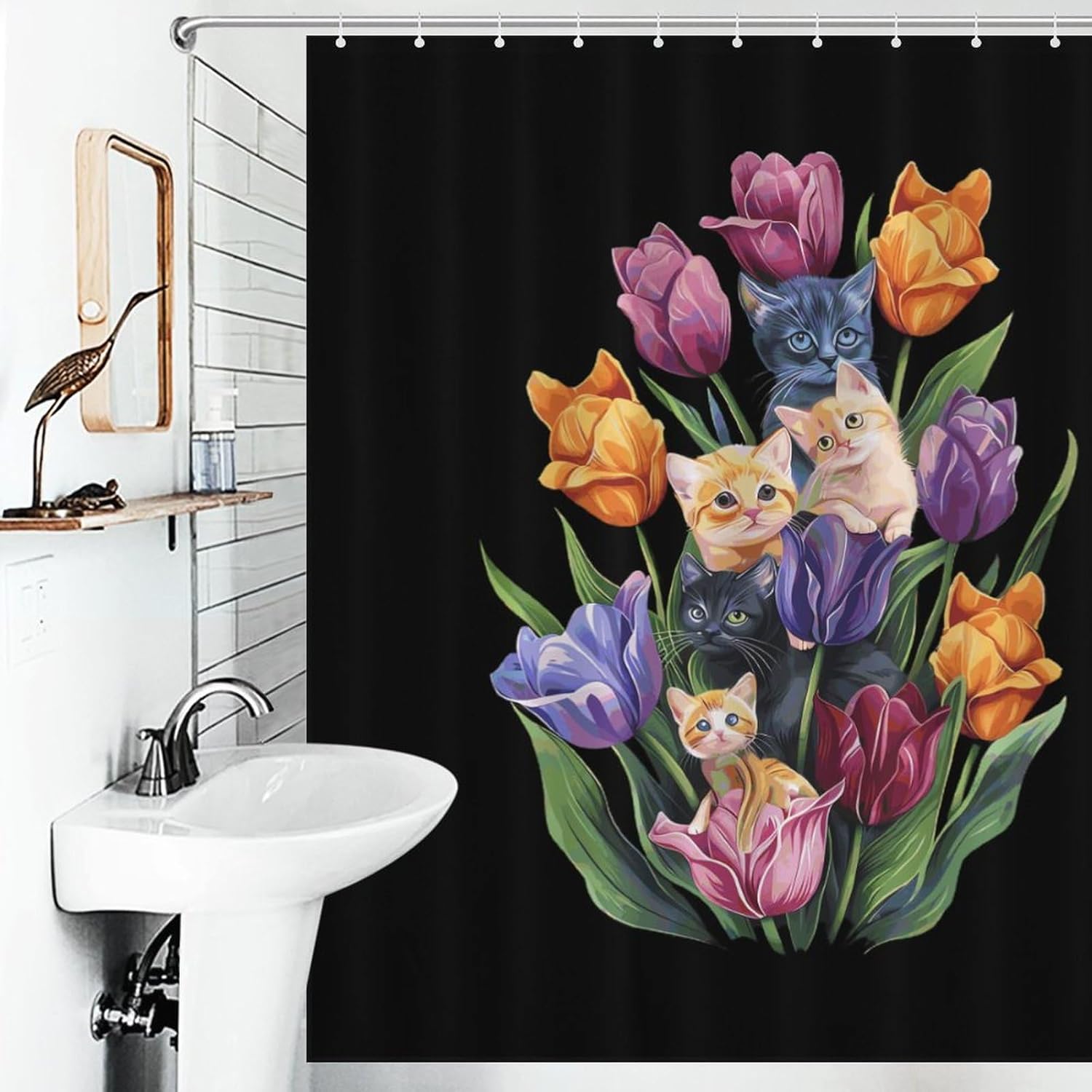 Cat Tulips-Flowers Funny Shower Curtains Washable Bath Curtain Liner with Hooks for Bathroom Bath Tubs 66x72Inch（168x183cm）