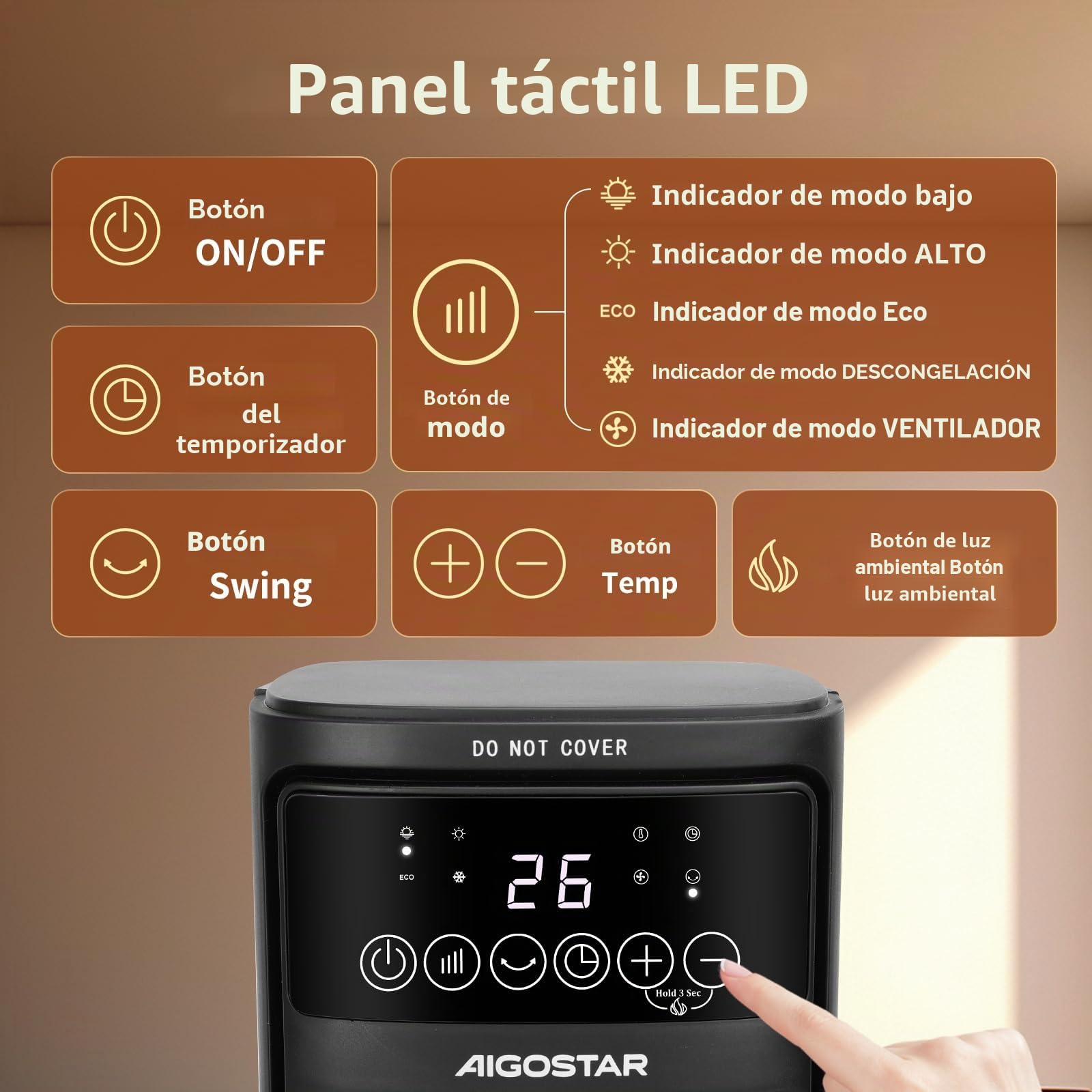Aigostar Bert - Calefactor cerámico 2000W, Mando a distancia, Oscilación de 70°, 3 modos, ventilador. Calefactor de torre silencioso, Termostato, Temporizador 7,5 horas. Protección antivuelco