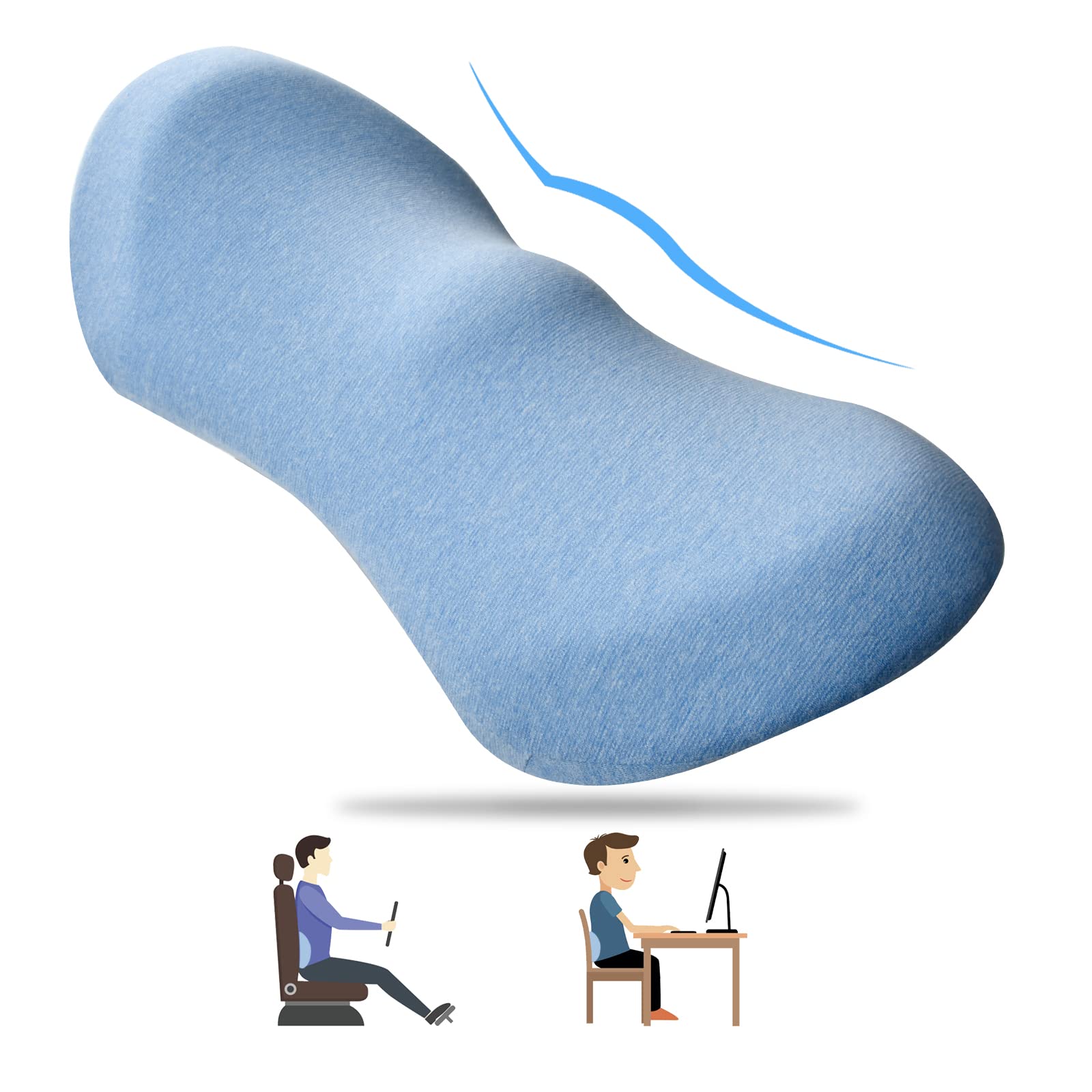 TengyueLumbar Support Pillow, Ergonomic Memory Foam Lumbar Pillow for Lower Back Pain Relief, Detachable & Comfortable Back Pillow for Office Chairs, Car Seats, Beds (Sky Blue)
