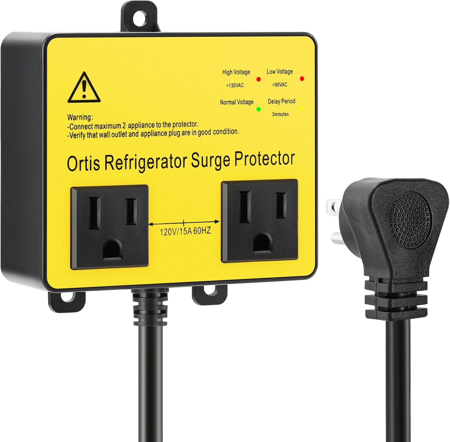Refrigerator Surge Protector, Ortis Double Outlet Voltage Protector for Home Appliances with Time Delay, Protects Against Brownout, Spike, Instant Surge All Voltage Abnormalities, Yellow