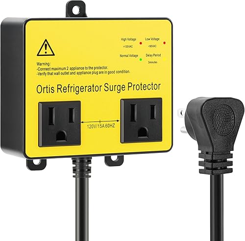 Ortis Protector de sobretensiones para refrigerador, protector de voltaje de doble salida para electrodomésticos con retardo de tiempo, protege
