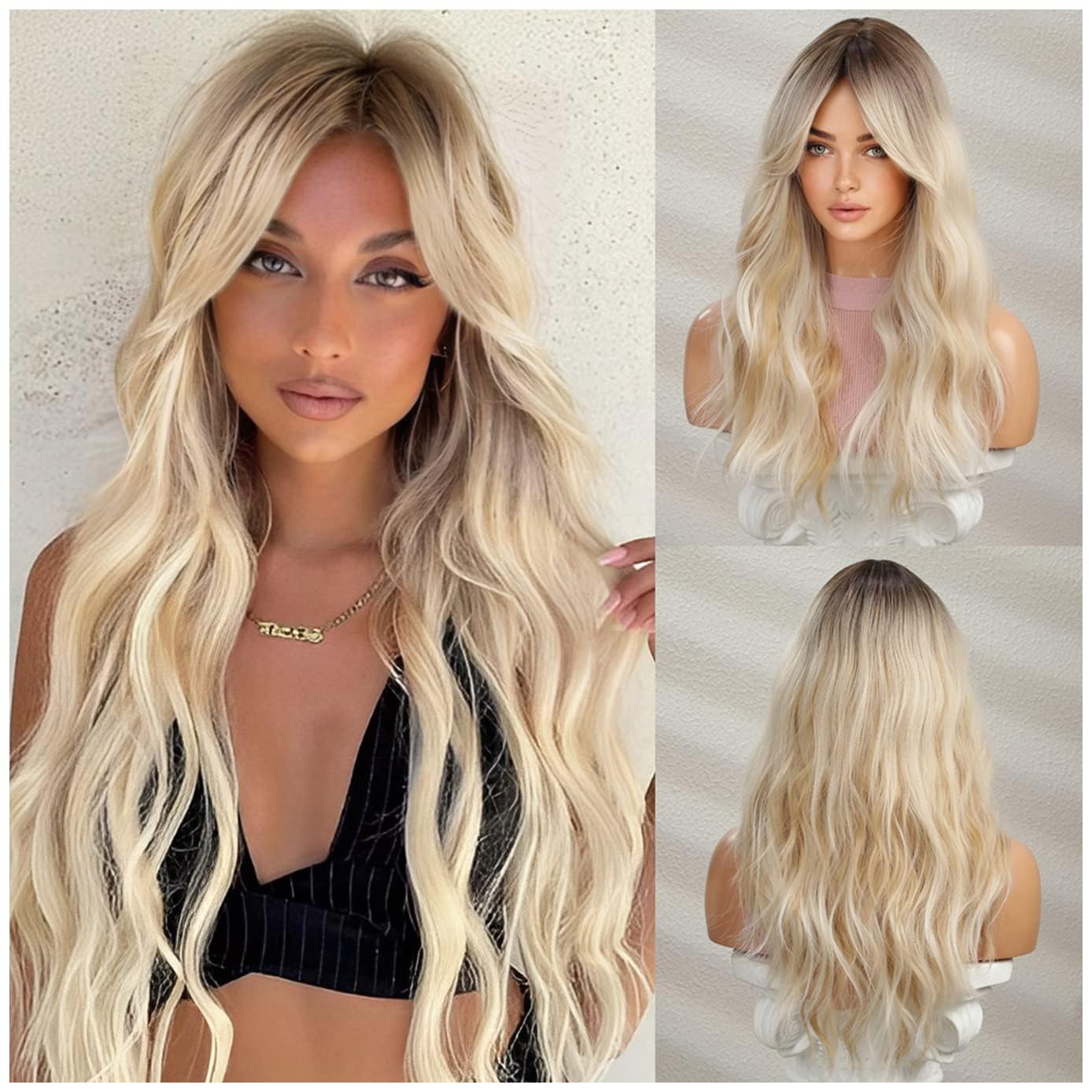 BERON Blonde Wigs Long Wavy Women Wigs with Bangs Blonde Ombre Curly Heat Resistant Synthetic Wigs for Daily Wig Cap Included