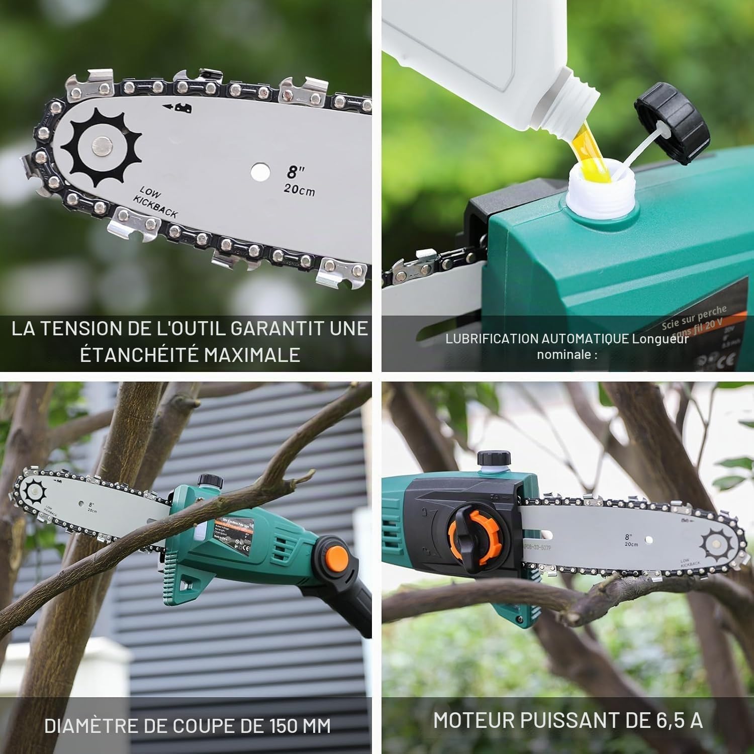 Élagueur sur Perche sans Fil, Perches Élagueuses Électrique, avec Tube d'Extension, Batterie Li-Ion 20 V 4 Ah/Chargeur, Longueur de Lame 20 cm, Vitesse de Chaîne 5 m/s, Tête Inclinable, Portée 4 m