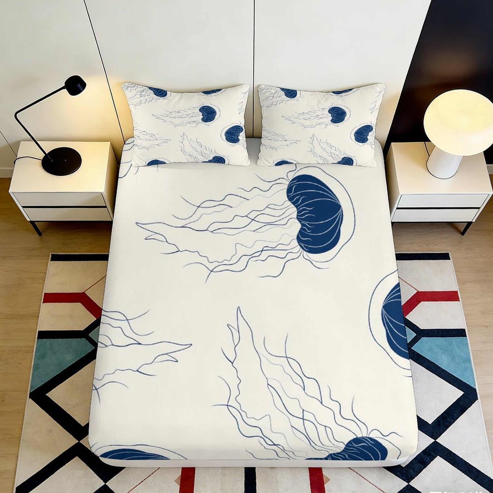 3D Printed Jellyfish Ocean Fitted Sheet Microfiber Soft Breathable Blue Sea Mattress Cover for Bedroom Dorm Decor 90x200x25cm