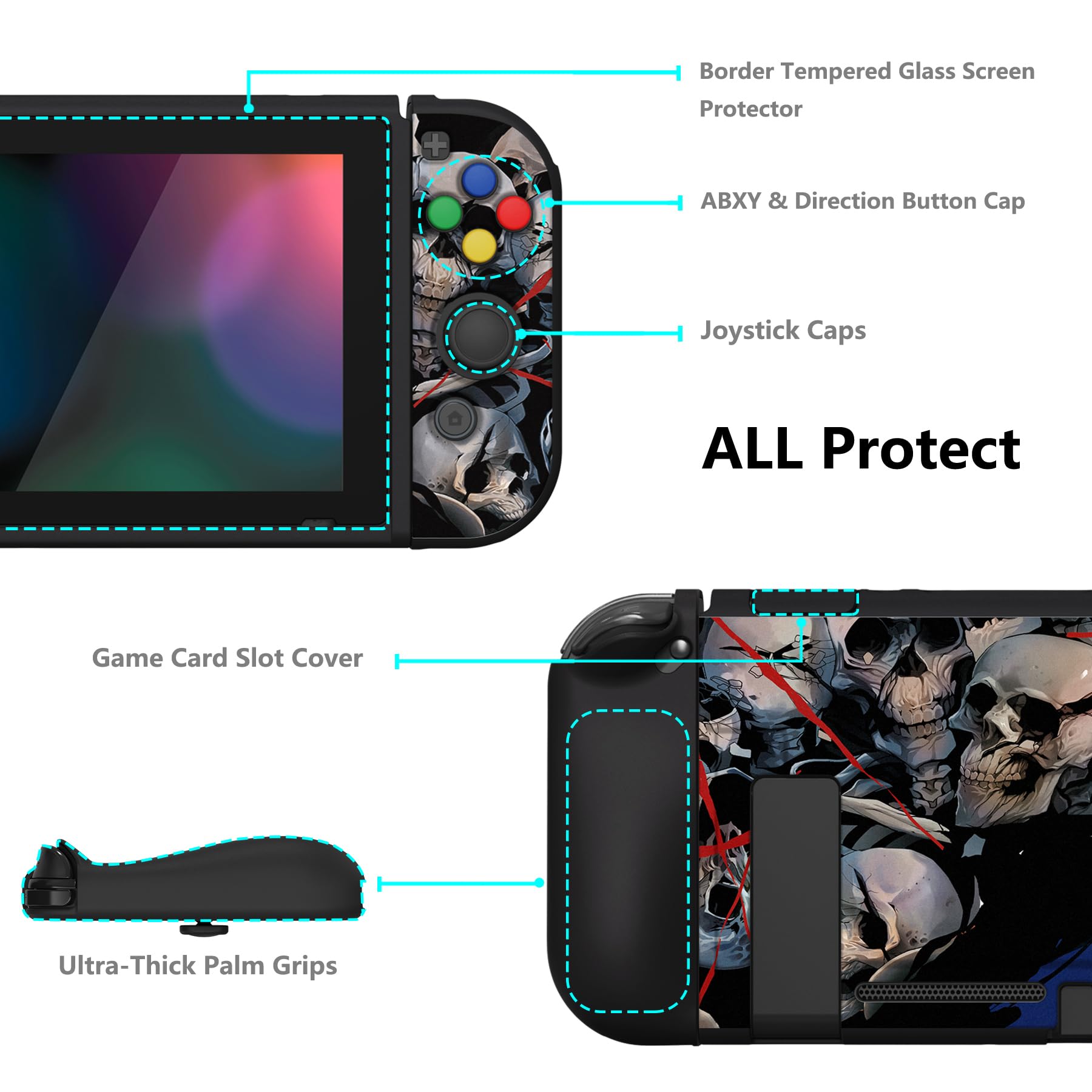 playvital ZealProtect - Custodia protettiva morbida per Nintendo Switch, protezione flessibile per Switch con pellicola protettiva in vetro temperato, impugnature per pollice e tappi per pulsanti ABXY