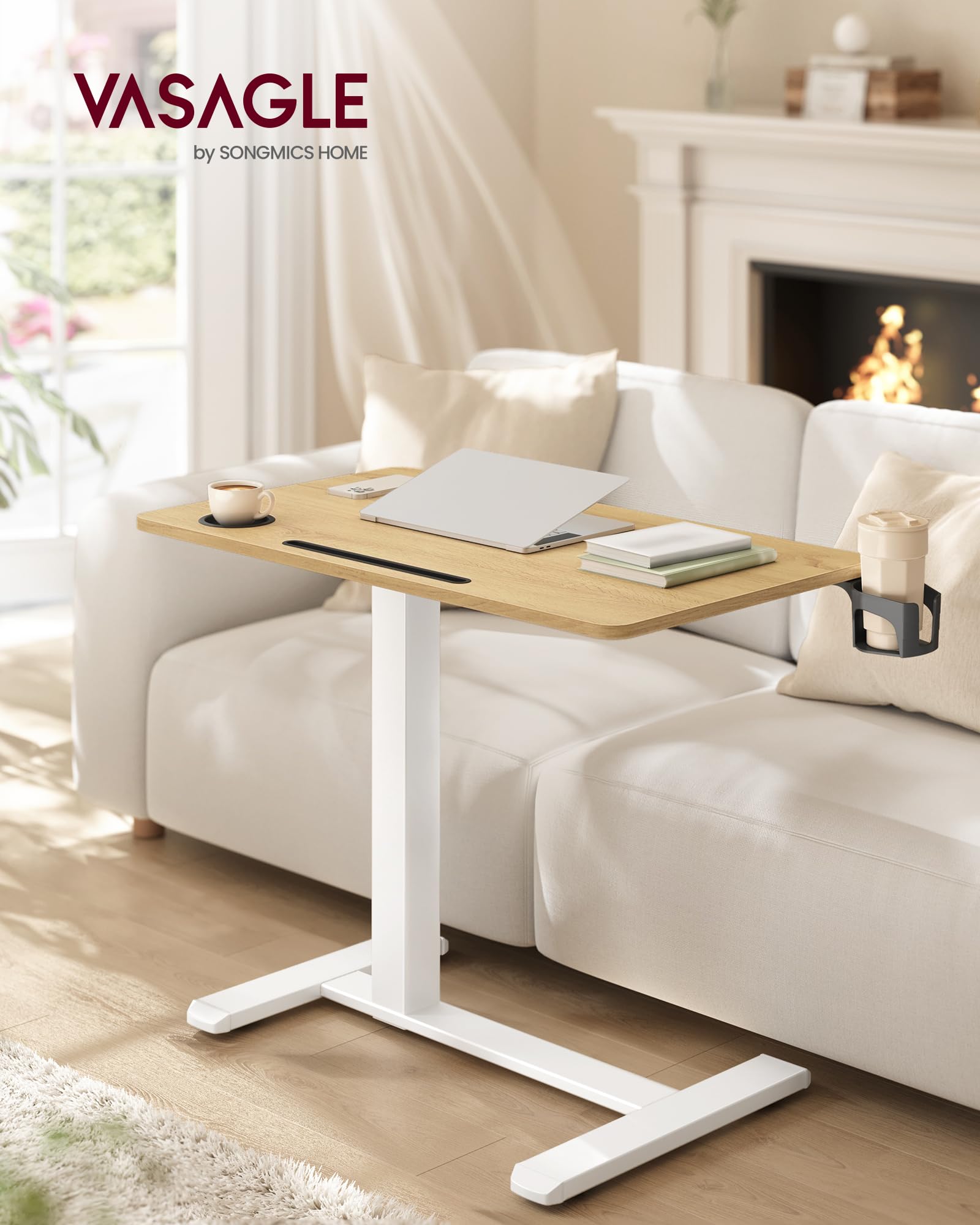 VASAGLE Bureau Assis-Debout sur roulettes, Table Réglable en Hauteur 80x45 cm, Doré Chêne