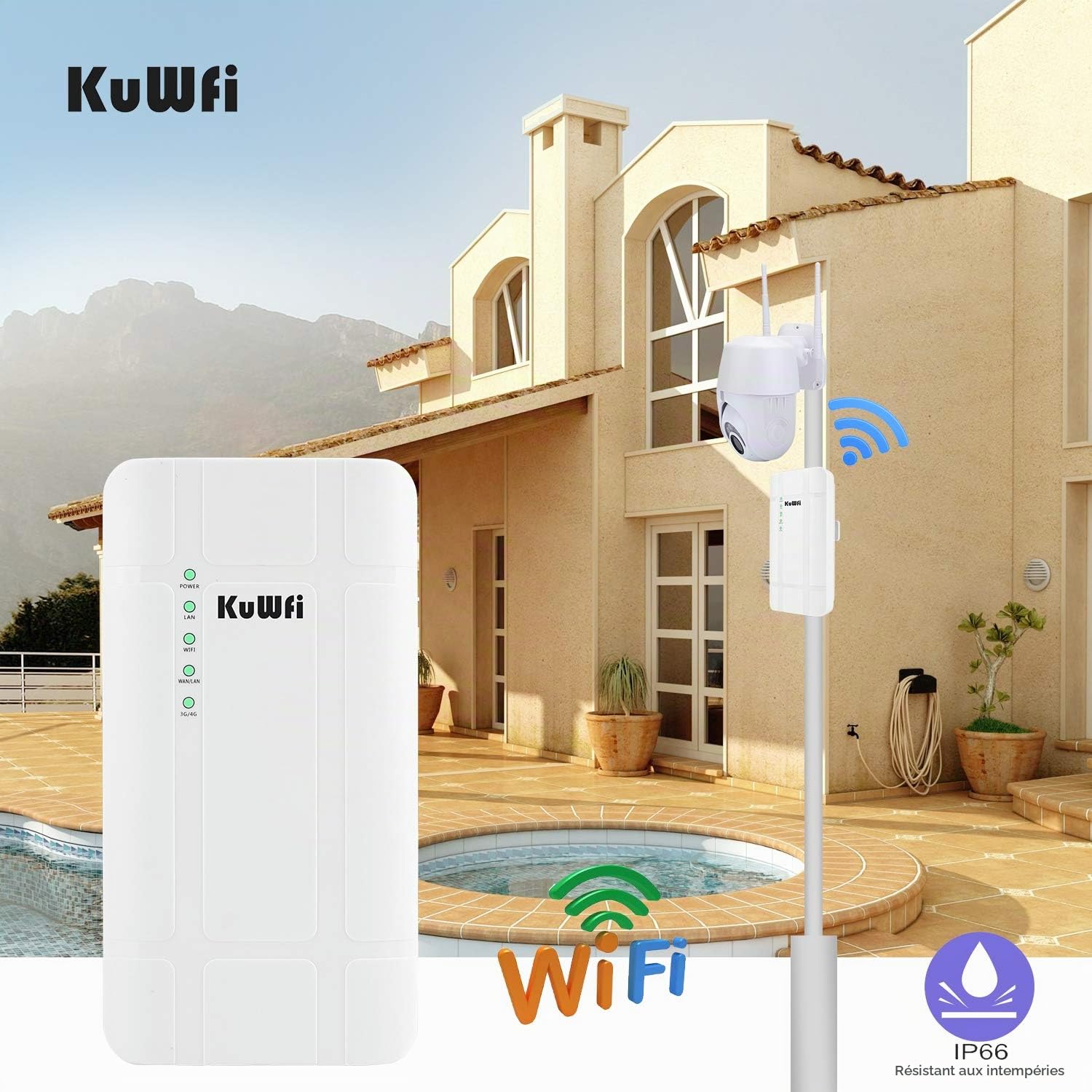 KuWFi Routeur 4G LTE, 300Mbps étanche extérieur 4G LTE CPE routeur avec Adaptateur POE CAT4 LTE routeurs 3G / 4G Carte SIM routeur WiFi pour caméra IP/Couverture WiFi extérieure