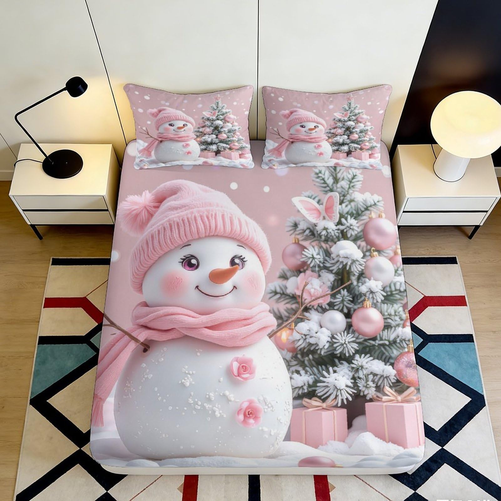 3D Printed Pink Snowman Fitted Sheet Microfiber Soft Christmas Tree Mattress Cover for Bedroom Dorm Decor 90x200x25cm