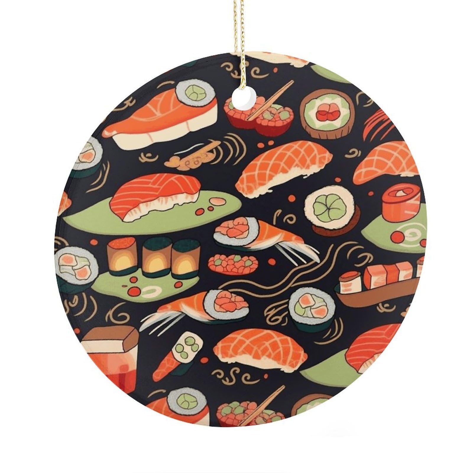Fekiloot Style Japanese Sushi Shrimp Christmas Ornaments 2.9 Inch Round Ceramic Ornament Keepsake Thank You Gifts For Office, Room, Home - Holiday Present Ideas