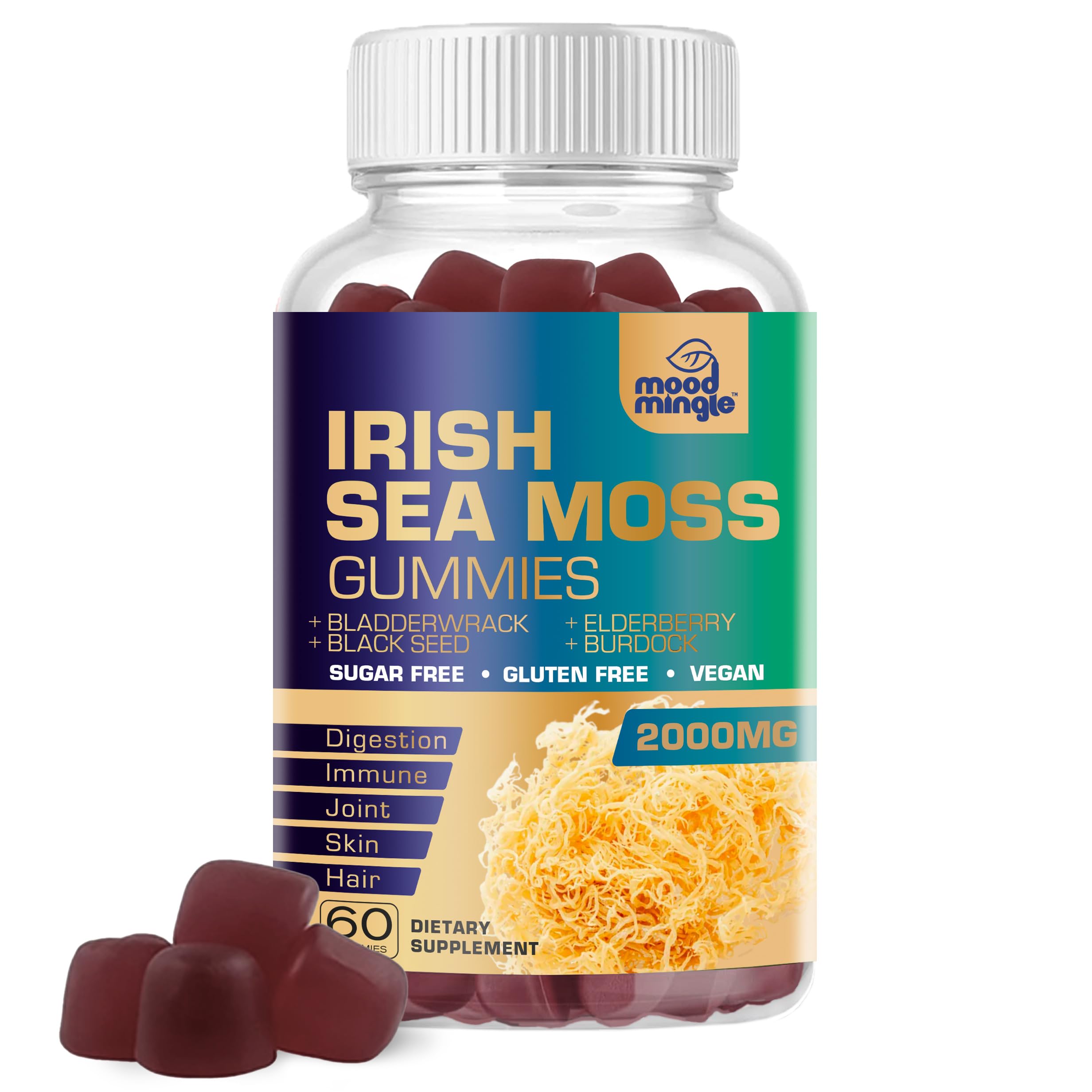 Irish Sea Moss 2000mg Gummies - Bladderwrack Burdock Elderberry Black Seed Turmeric Omega-3 Vitamins C D3 Zinc - Supplements for Adults Kids - Vegan Sugar Gluten Free Chewable Gummy