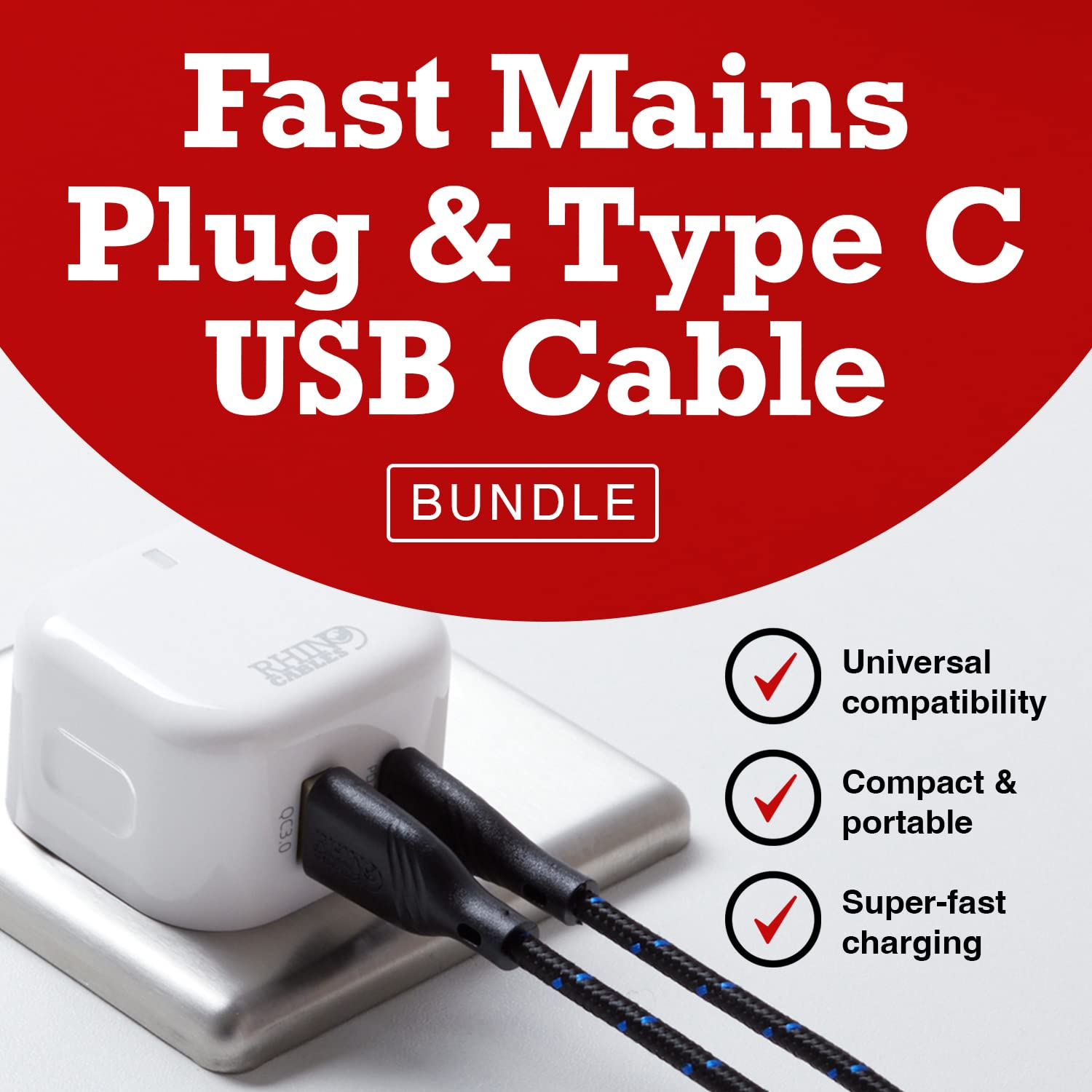 rhinocables USB C Charger Cable with Dual Port Fast Mains Charger Bundle - Image 2