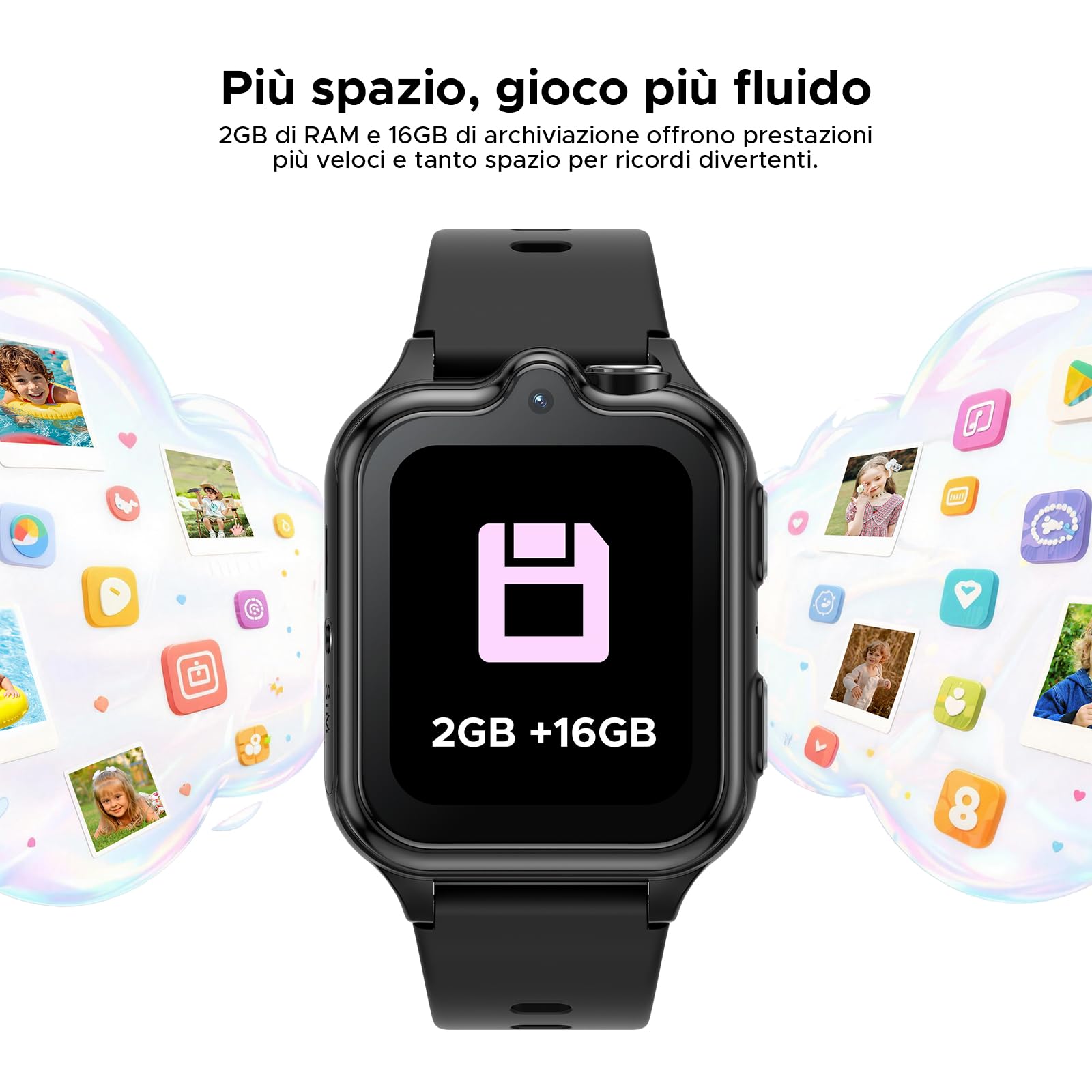 ANYSCENES3-Nero Smartwatch bambini 4G LTE, Videocall HD, GPS triplo, SOS e Controllo genitori, Doppia fotocamera, 16GB, IP68, 5 giorni