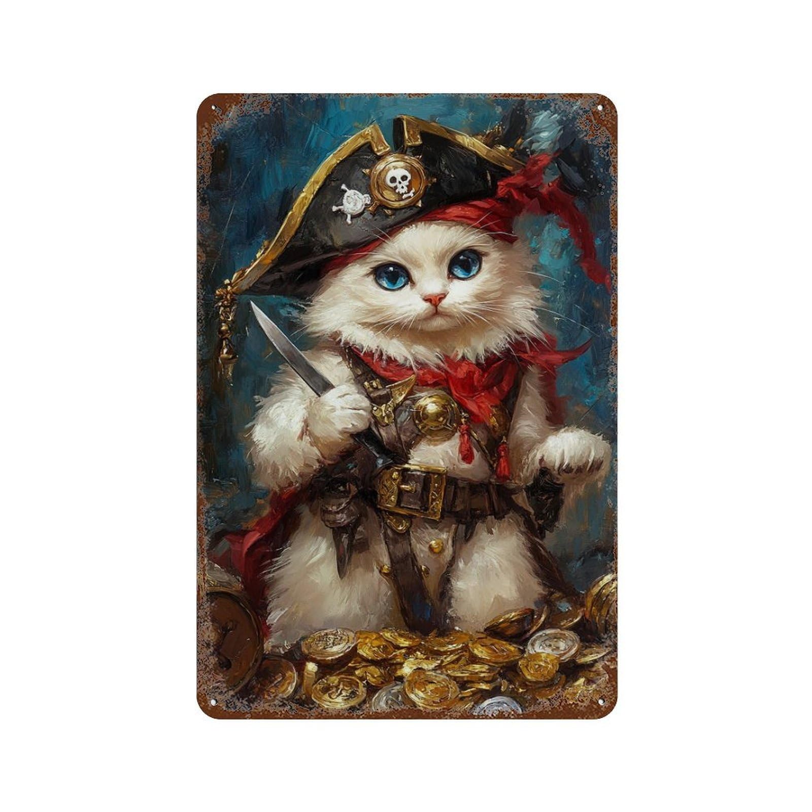 Pirate Cat Treasure Chest-4 11.8"x7.9" Retro Metal Sign, Old School Wall Decor for Office, Studio And Wall Decor