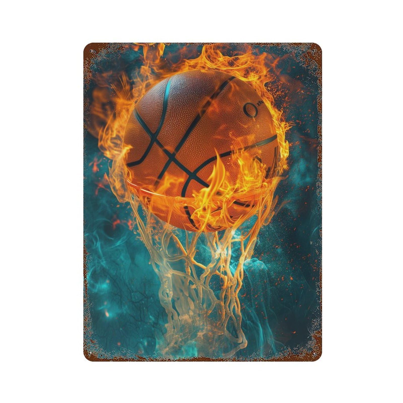 Flaming Basketball Slam Dunk Rusty Metal Tin Sign 15.7"x11.8", for Pub, Kitchen And Man Cave Decor, Novelty Wall Decor