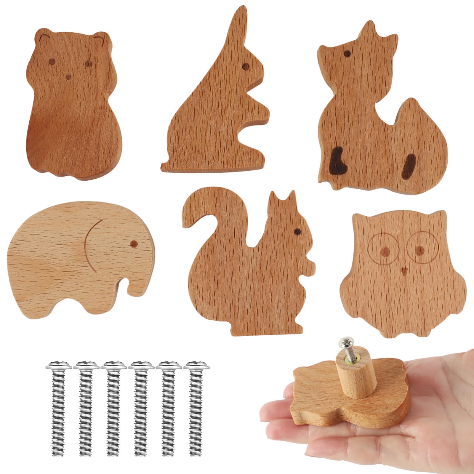 Confezione da 10 pomelli in legno a forma di animale, per cassetti, per casa, cucina, camera da letto, guardaroba, con viti, ganci da parete in legno, per camera dei bambini