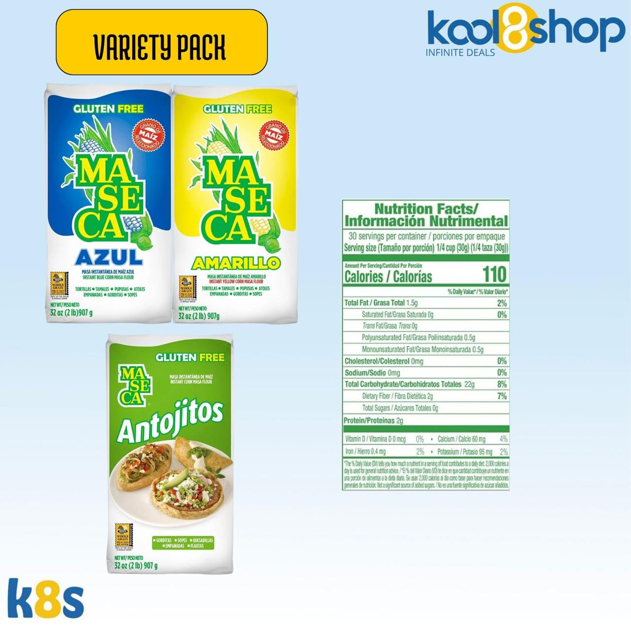 Maseca Variety Pack Instant Corn Masa Flour Gluten Free Kosher Halal 2 lb Bags 3 Pack + 2 Storage Reusable Bags by KOOL8SHOP Infinite Deals