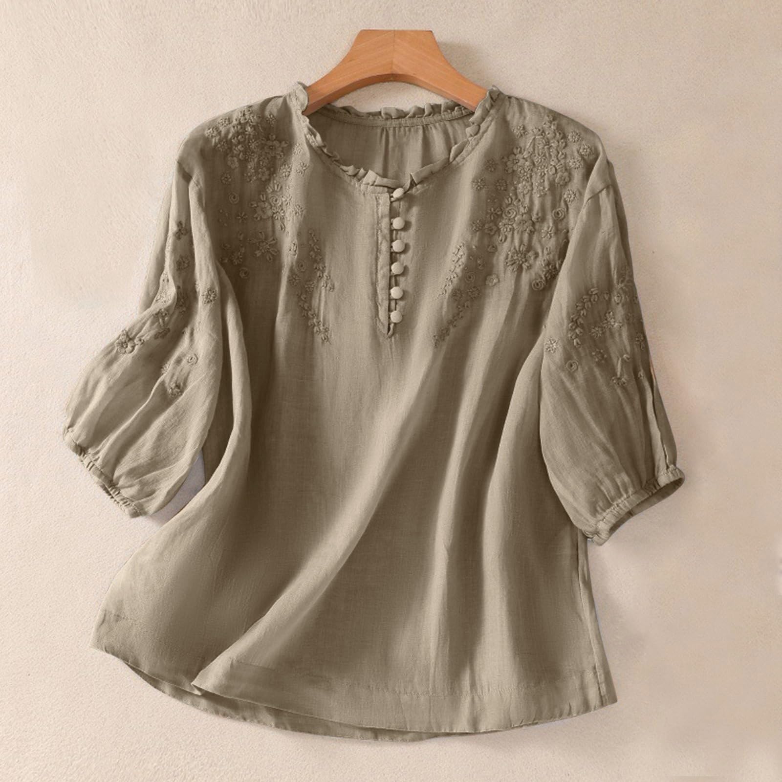 Chemise brodée pour femme - Haut à manches courtes en coton et lin, col en V, avec boutons, style bohème, couleur unie, polyvalent, design confortable