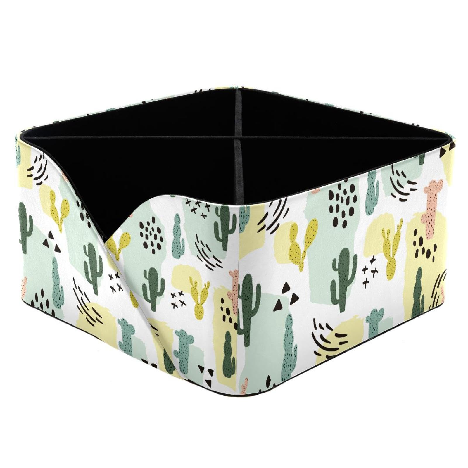 KengjuTesu Abstract Geometry and Cactus Colorful Plant Pattern Desktop Organizer Pen Holder, Rectangular Pencil Cup for Office, Study and Makeup Stations