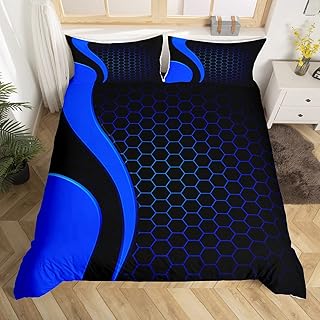 Geometry Bedding Set Geometry Honeycomb Comforter Cover for Kids Boys Girls Teens Hexagonal Geometrical Blue Black Duvet Cover Breathable Beehive Bedspread Cover Room Decor Quilt Cover Full Size