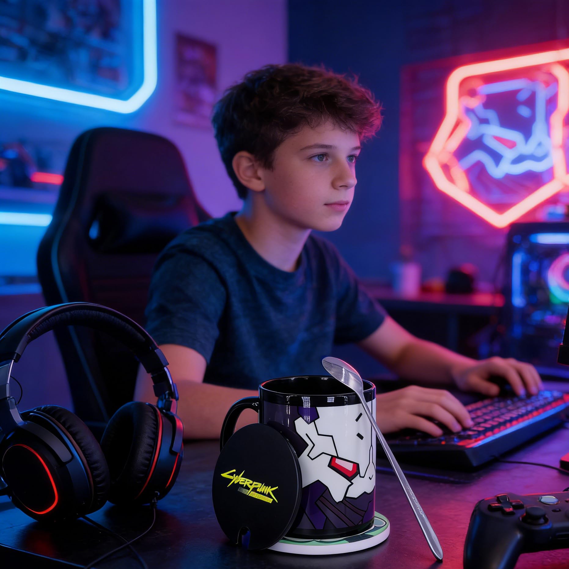 Roffatide Anime Cyberpunk Edgerunners Tazze: Adam Smasher Mug & Rebecca Coasters Black Coffee Cup Set (Black Cup Ceramic Coasters Lid Spoon) Regalo per Natale Compleanno
