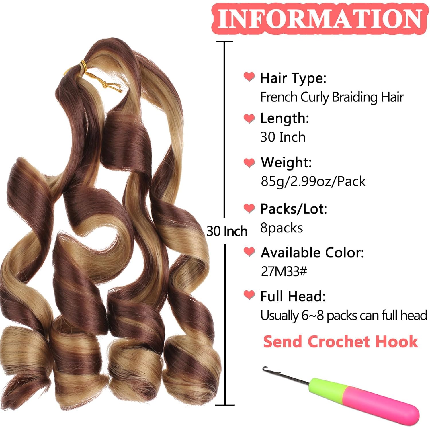 Xtrend 8 Packs French Curly Braiding Hair 30 Inch Pre Stretched Loose Wave Braiding Hair For Box Braids Bouncy Crochet Spanish Curly Ombre Brown Synthetic Hair Extensions For Women（30 Inch,27M33#）